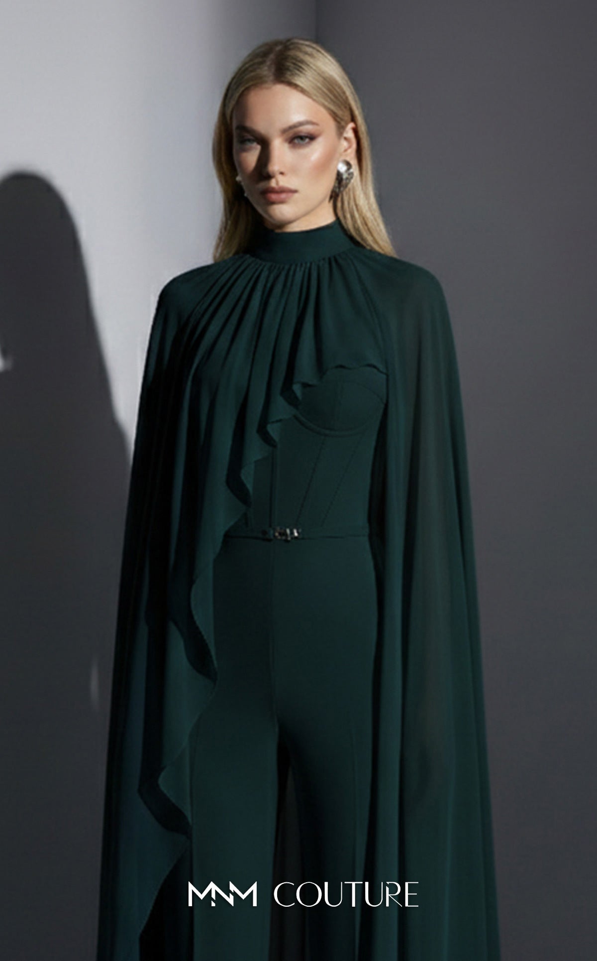 MNM Couture E0143 Chiffon High-Neck Cape Jumpsuit