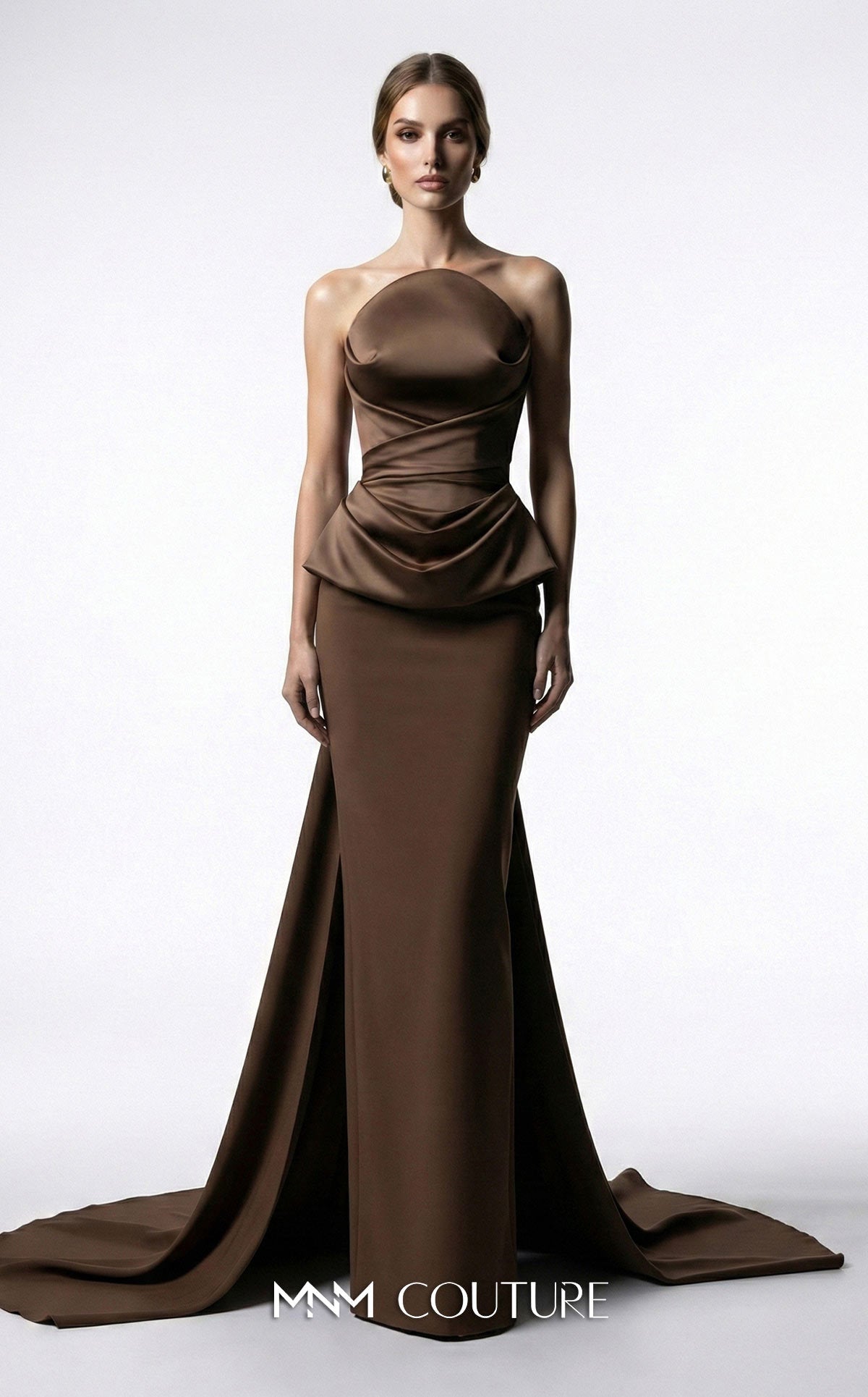 MNM Couture E0146 Pink Strapless Draped Peplum Column Gown
