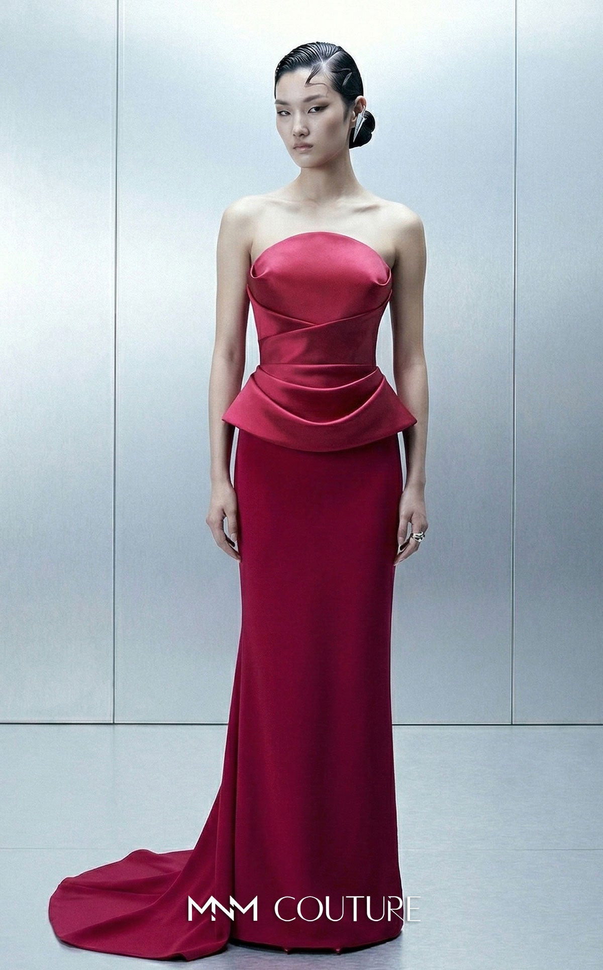 MNM Couture E0146 Pink Strapless Draped Peplum Column Gown