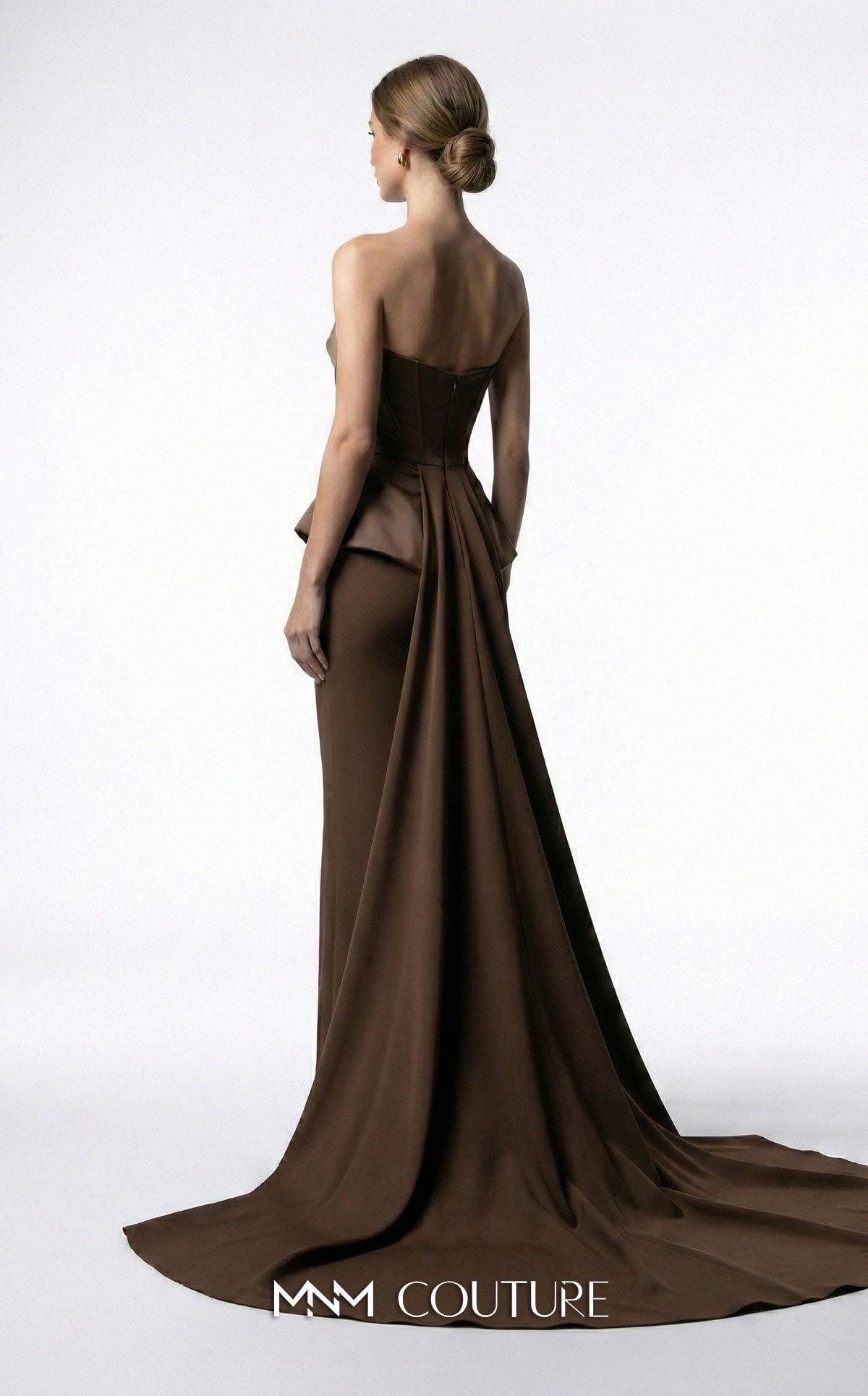 MNM Couture E0146 Pink Strapless Draped Peplum Column Gown