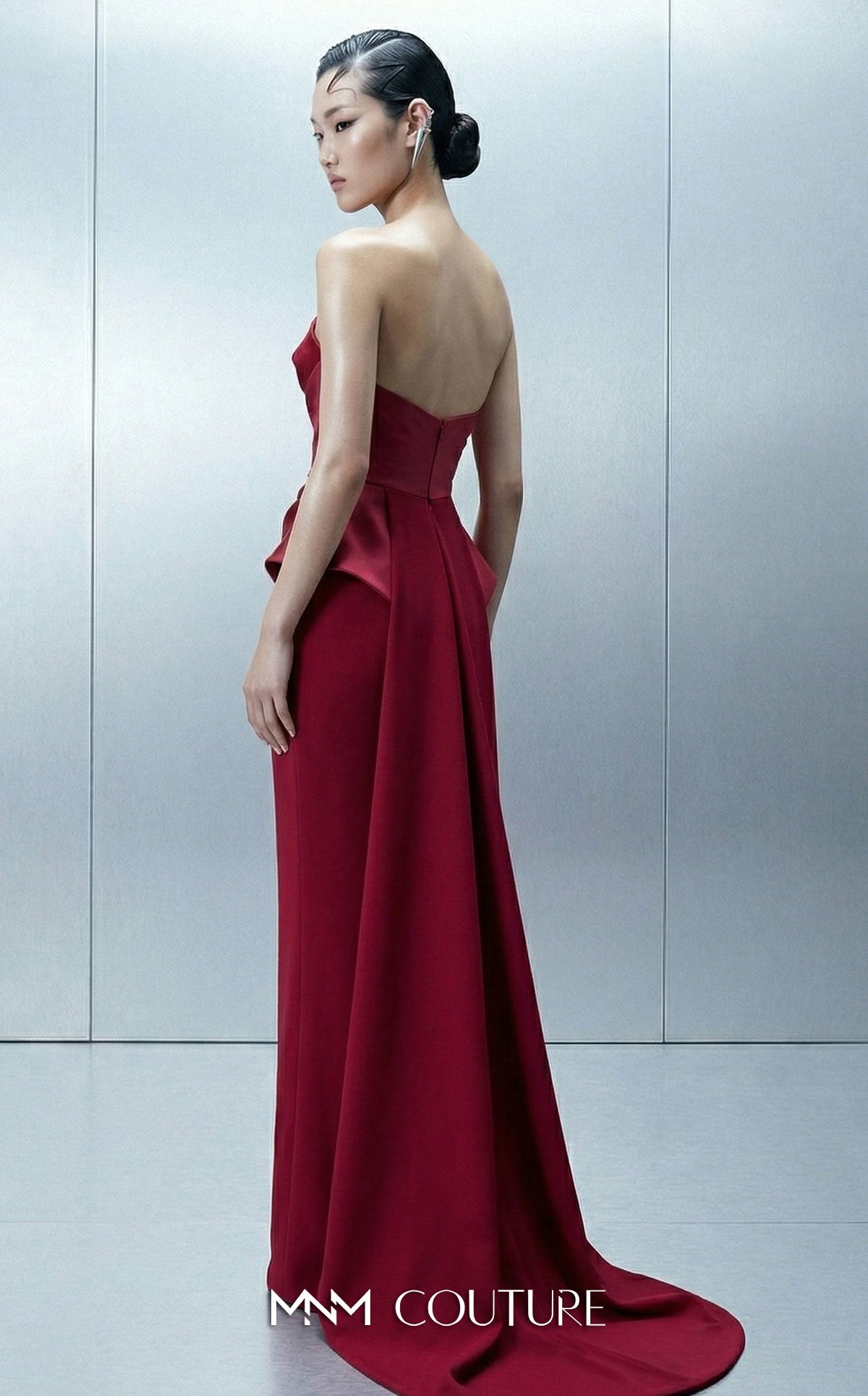 MNM Couture E0146 Pink Strapless Draped Peplum Column Gown