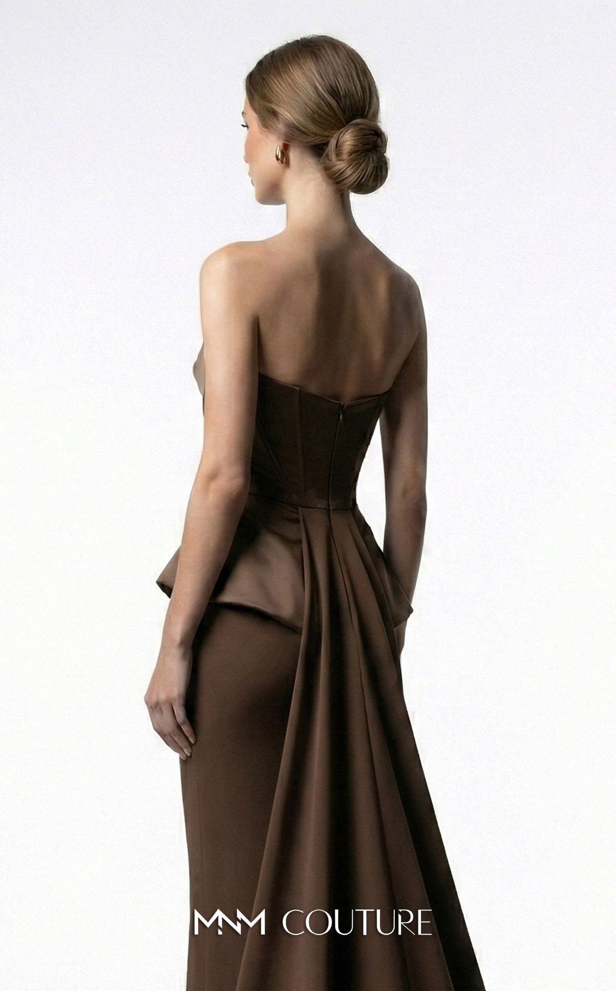 MNM Couture E0146 Pink Strapless Draped Peplum Column Gown