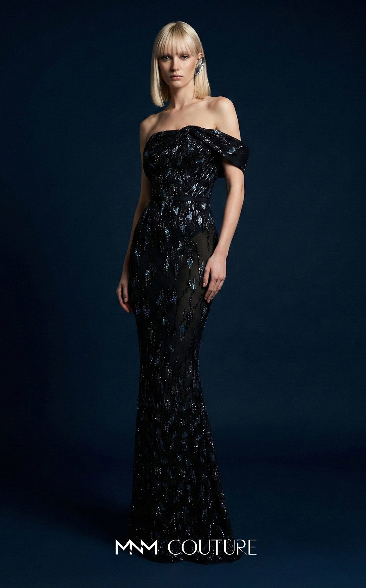 MNM Couture E0148 Black Off the Shoulder Cap Sleeves Mermaid Gown