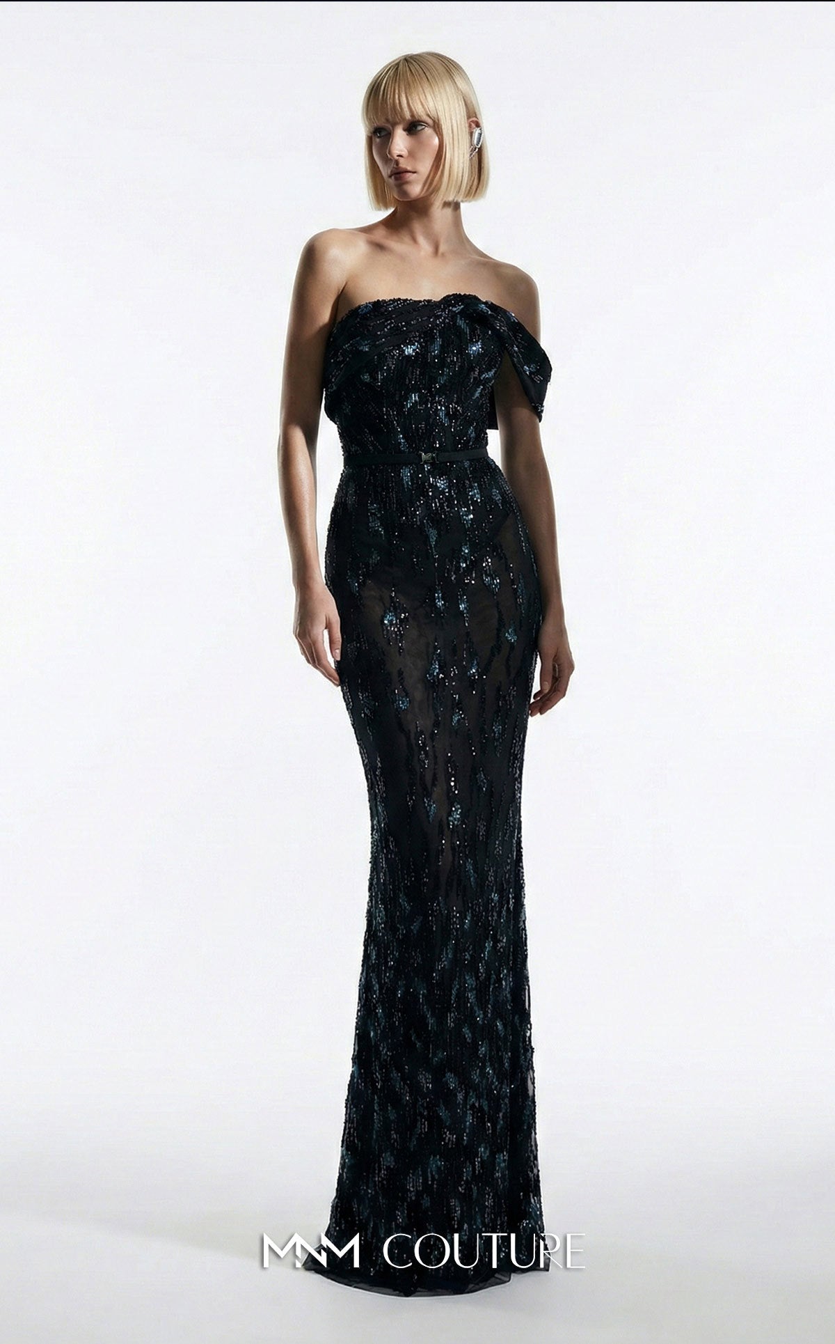 MNM Couture E0148 Black Off the Shoulder Cap Sleeves Mermaid Gown