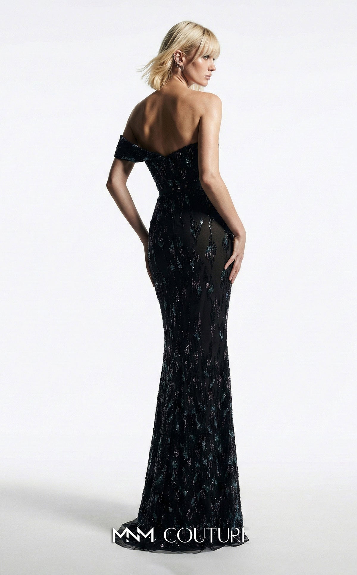 MNM Couture E0148 Black Off the Shoulder Cap Sleeves Mermaid Gown