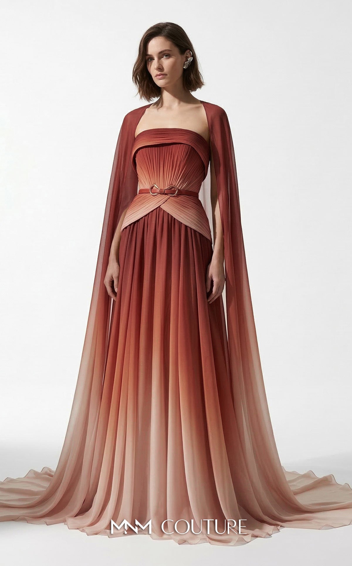 MNM Couture E0153 A-line Pink Chiffon Strapless Gown Cape Sleeves