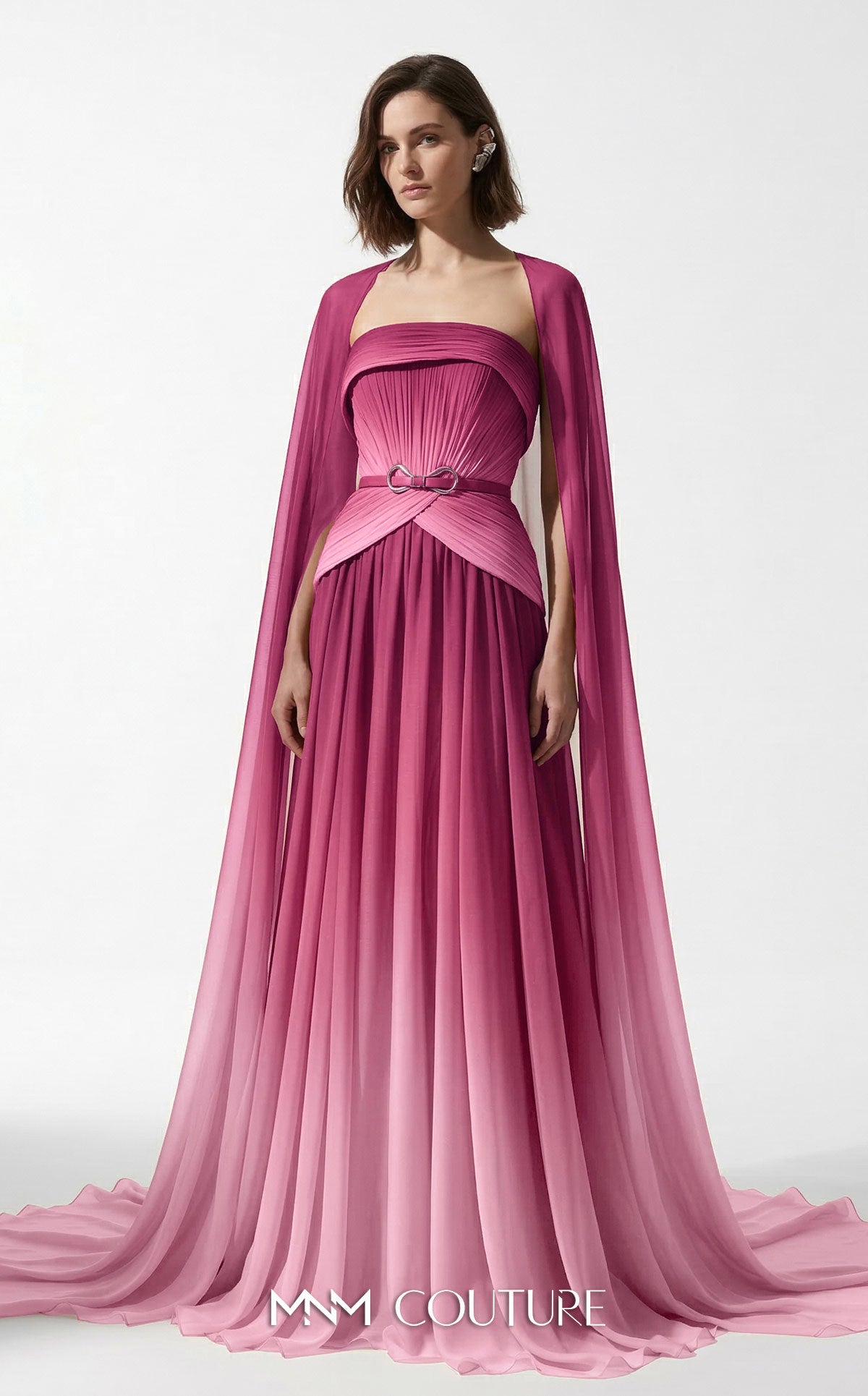 MNM Couture E0153 A-line Pink Chiffon Strapless Gown Cape Sleeves