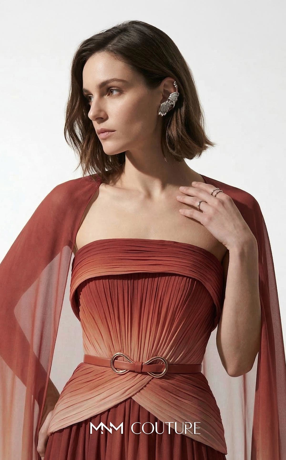 MNM Couture E0153 A-line Pink Chiffon Strapless Gown Cape Sleeves