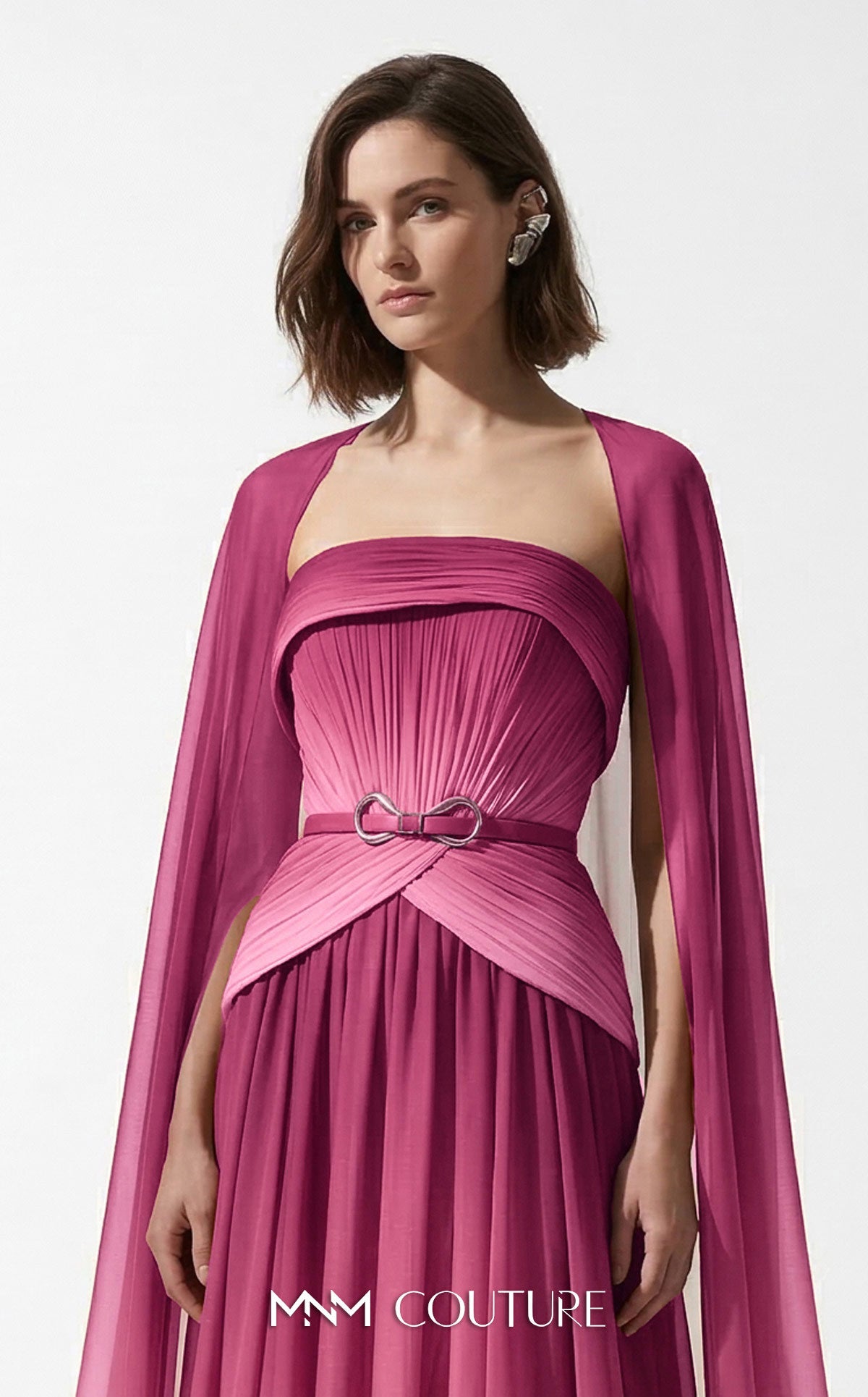 MNM Couture E0153 A-line Pink Chiffon Strapless Gown Cape Sleeves