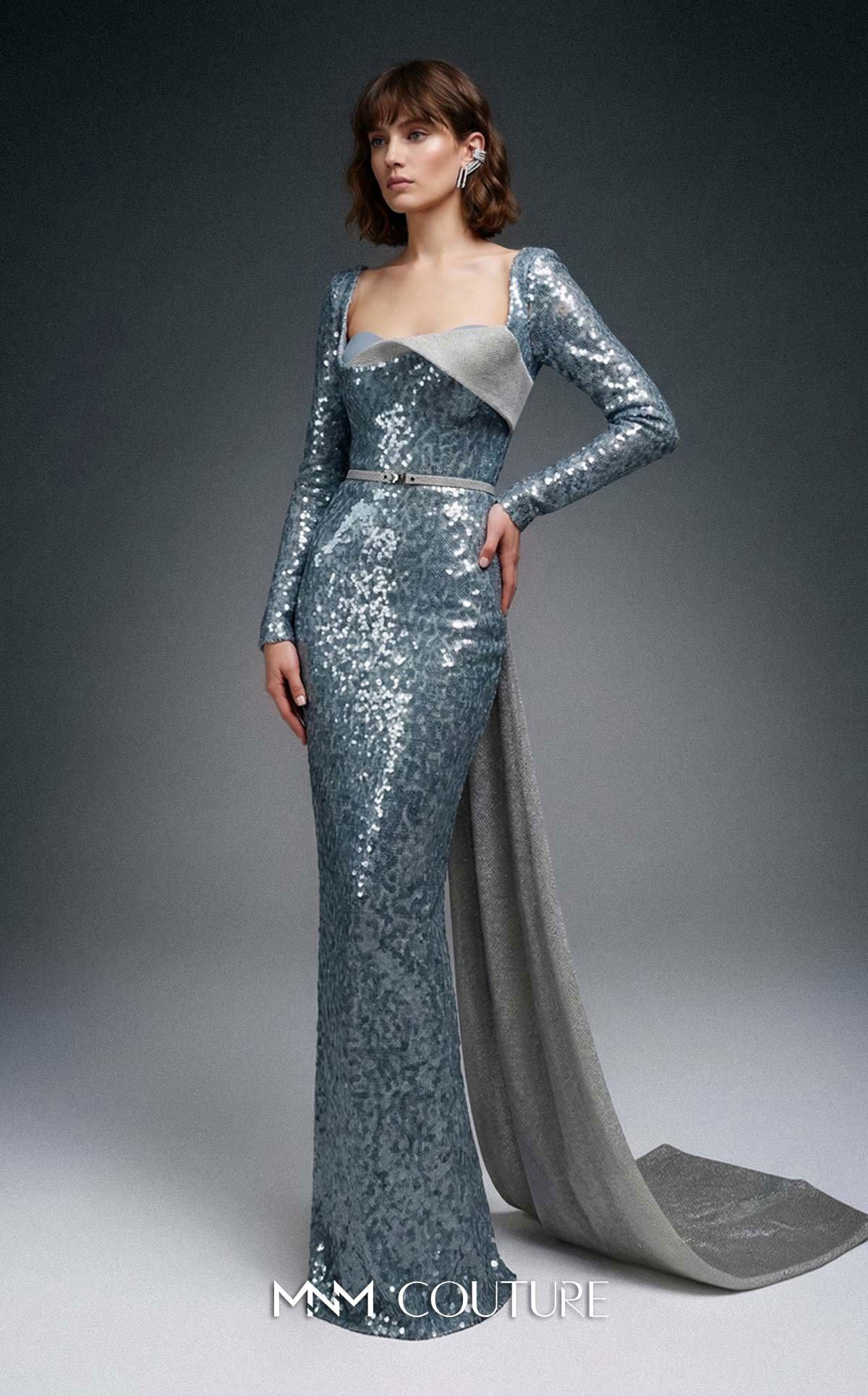 MNM Couture E0157 Gold Dazzling Asymmetrical Sequined Long Sleeve Evening Gown