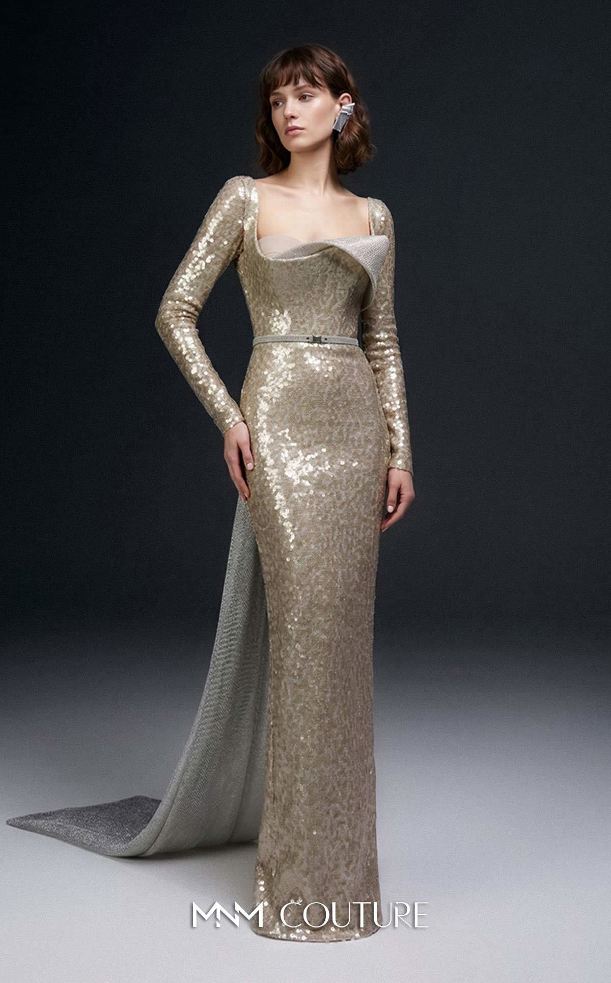 MNM Couture E0157 Gold Dazzling Asymmetrical Sequined Long Sleeve Evening Gown