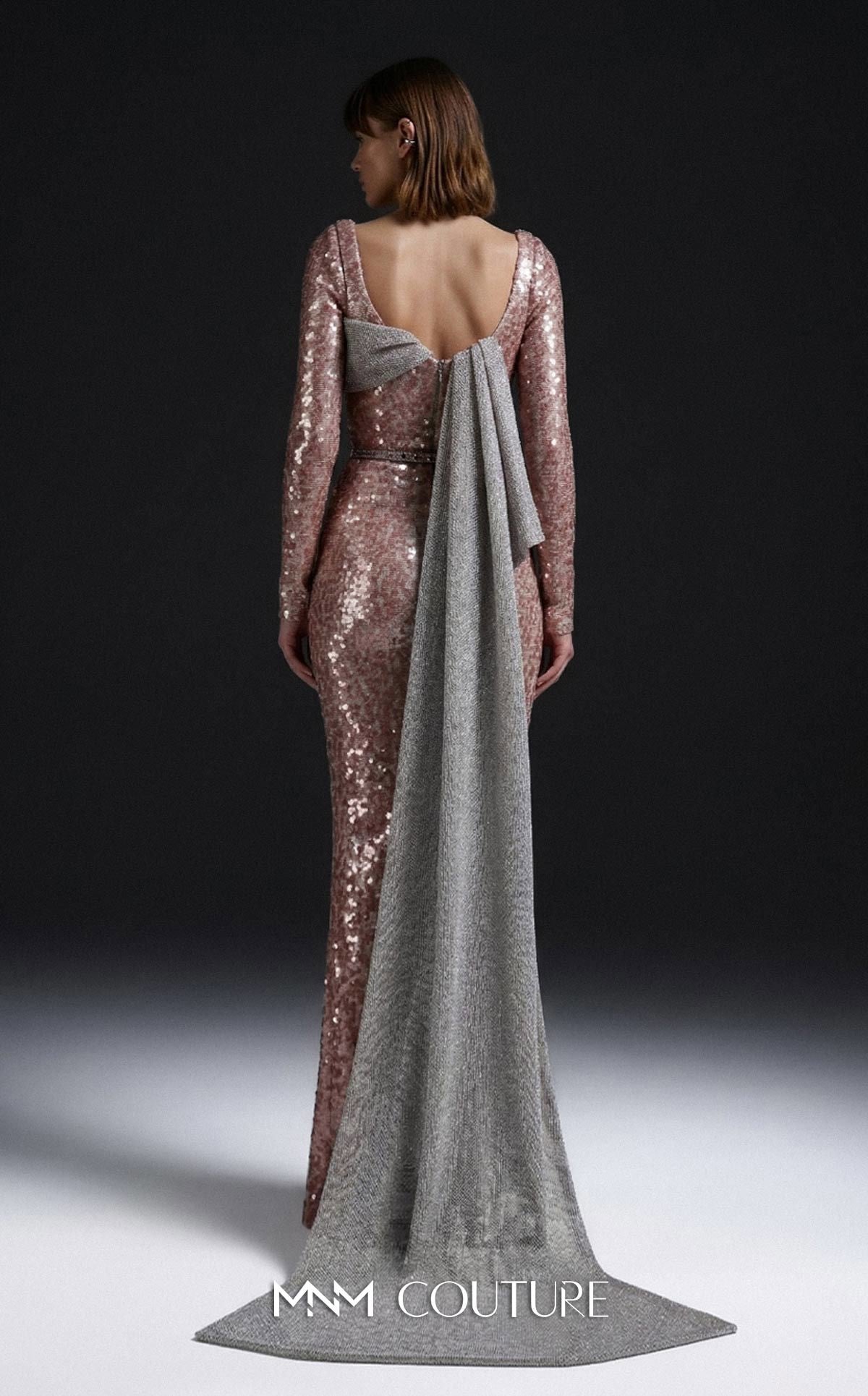 MNM Couture E0157 Gold Dazzling Asymmetrical Sequined Long Sleeve Evening Gown