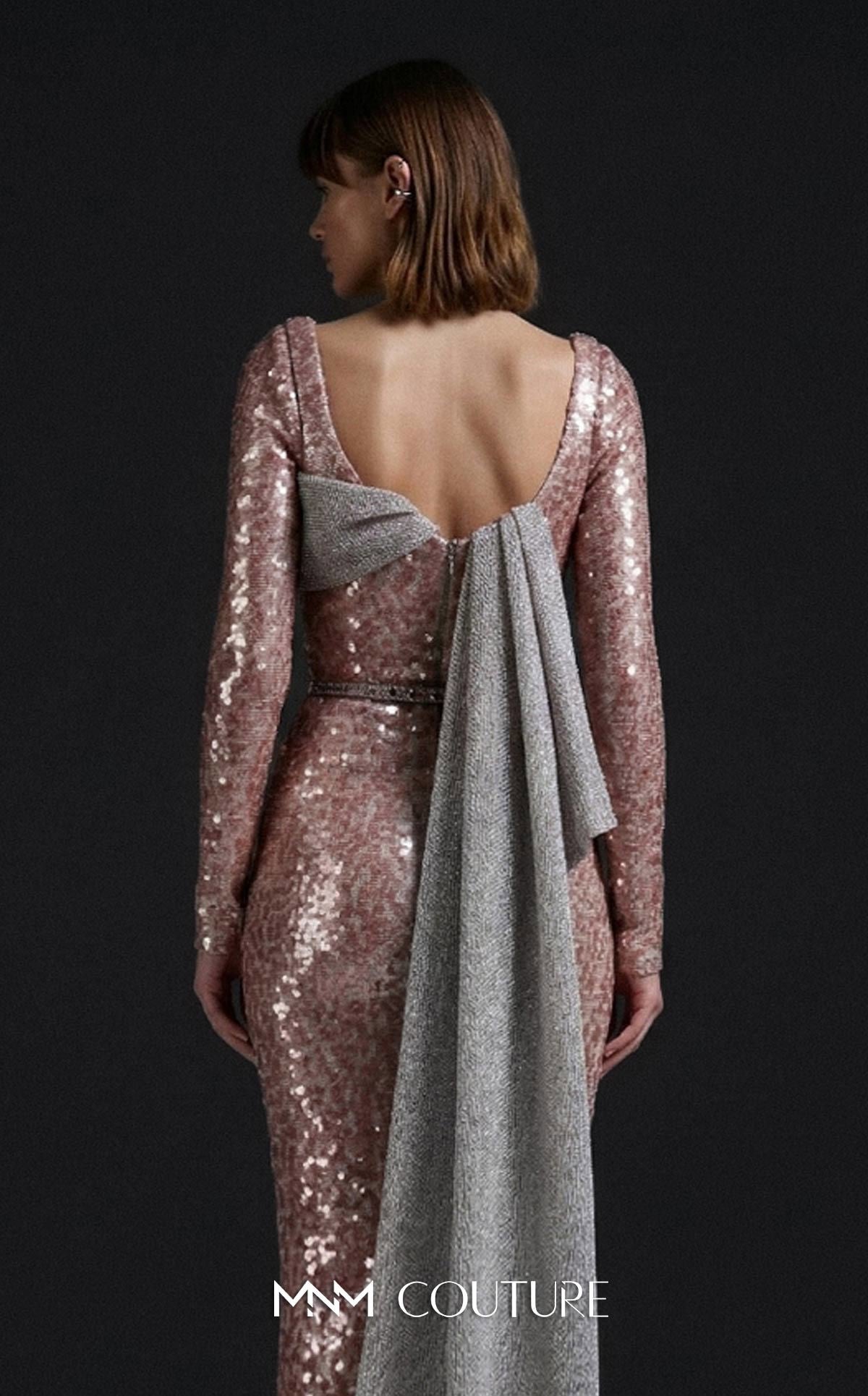 MNM Couture E0157 Gold Dazzling Asymmetrical Sequined Long Sleeve Evening Gown
