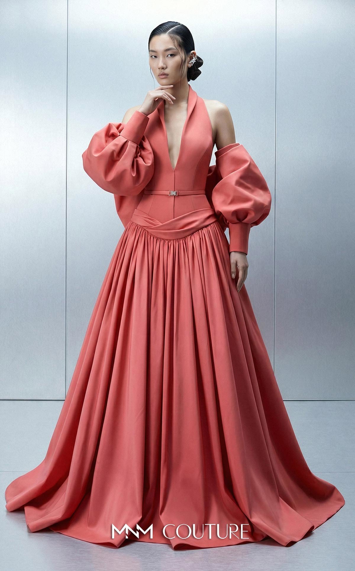 MNM Couture E0163 Pink Glamorous Crepe and Taffeta V-neck Halter Ball Gown