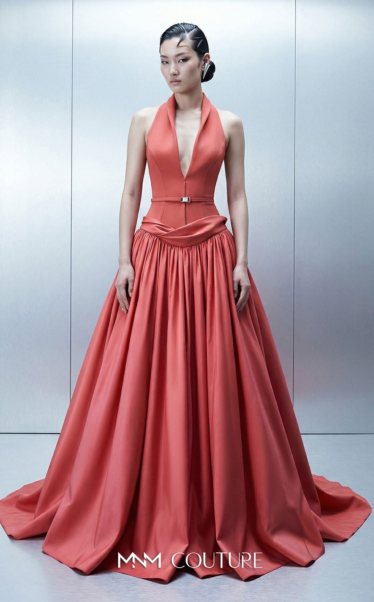 MNM Couture E0163 Pink Glamorous Crepe and Taffeta V-neck Halter Ball Gown