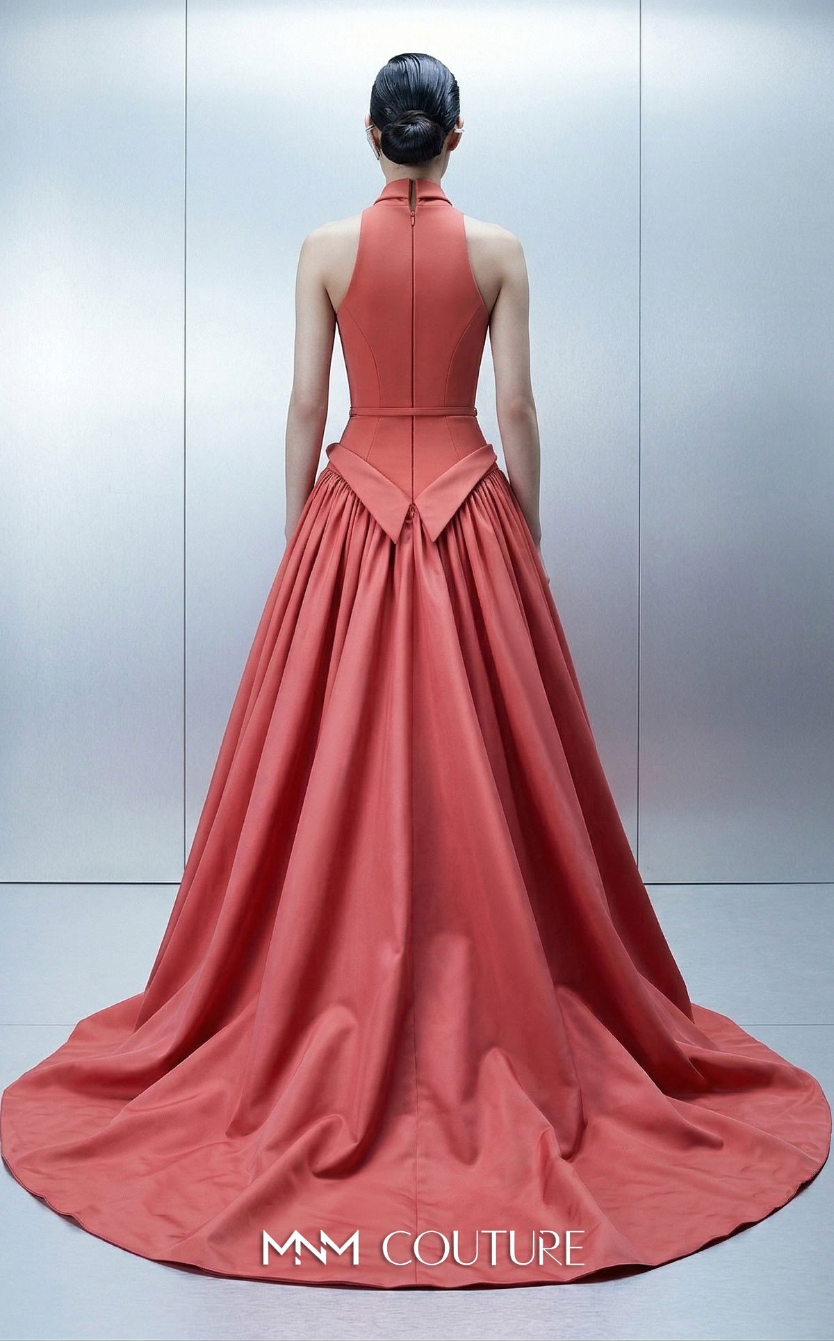 MNM Couture E0163 Pink Glamorous Crepe and Taffeta V-neck Halter Ball Gown