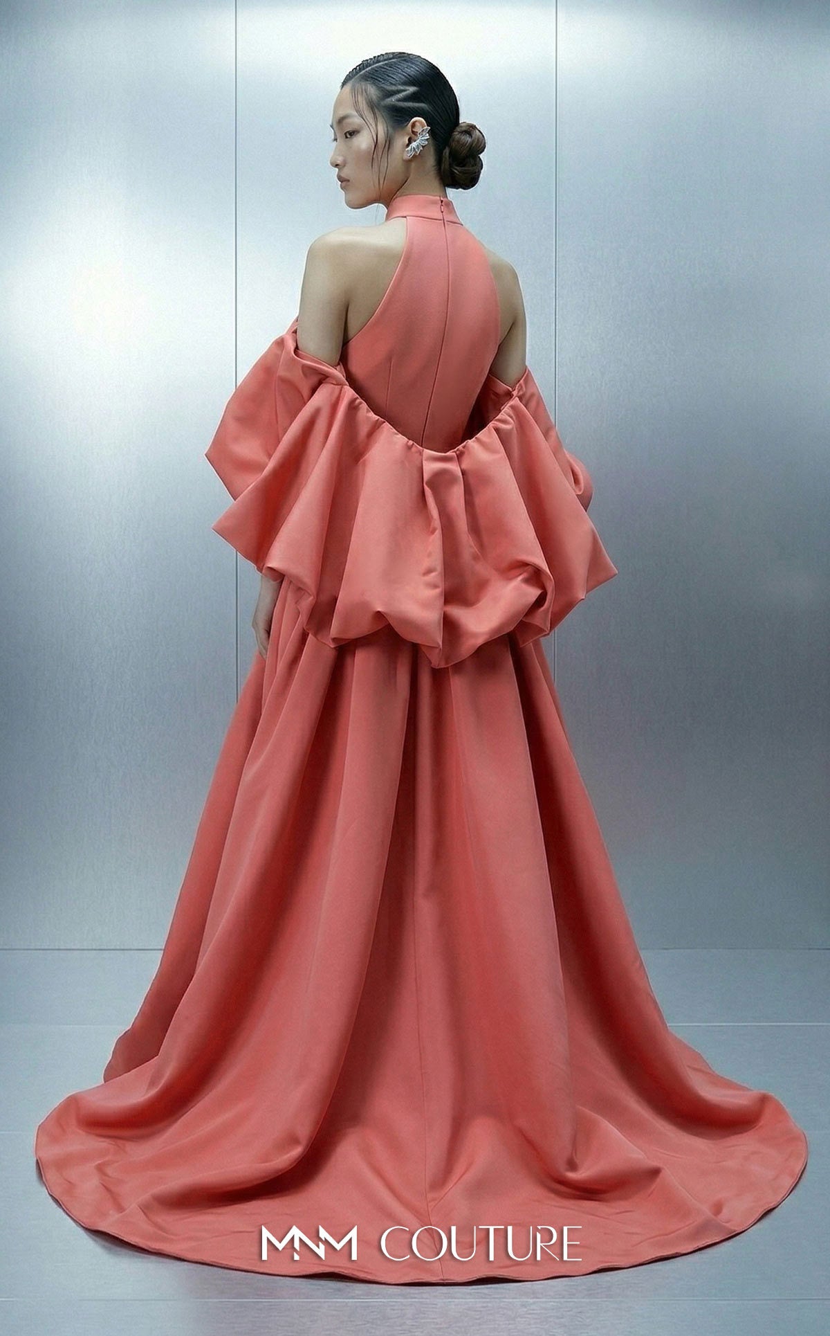 MNM Couture E0163 Pink Glamorous Crepe and Taffeta V-neck Halter Ball Gown