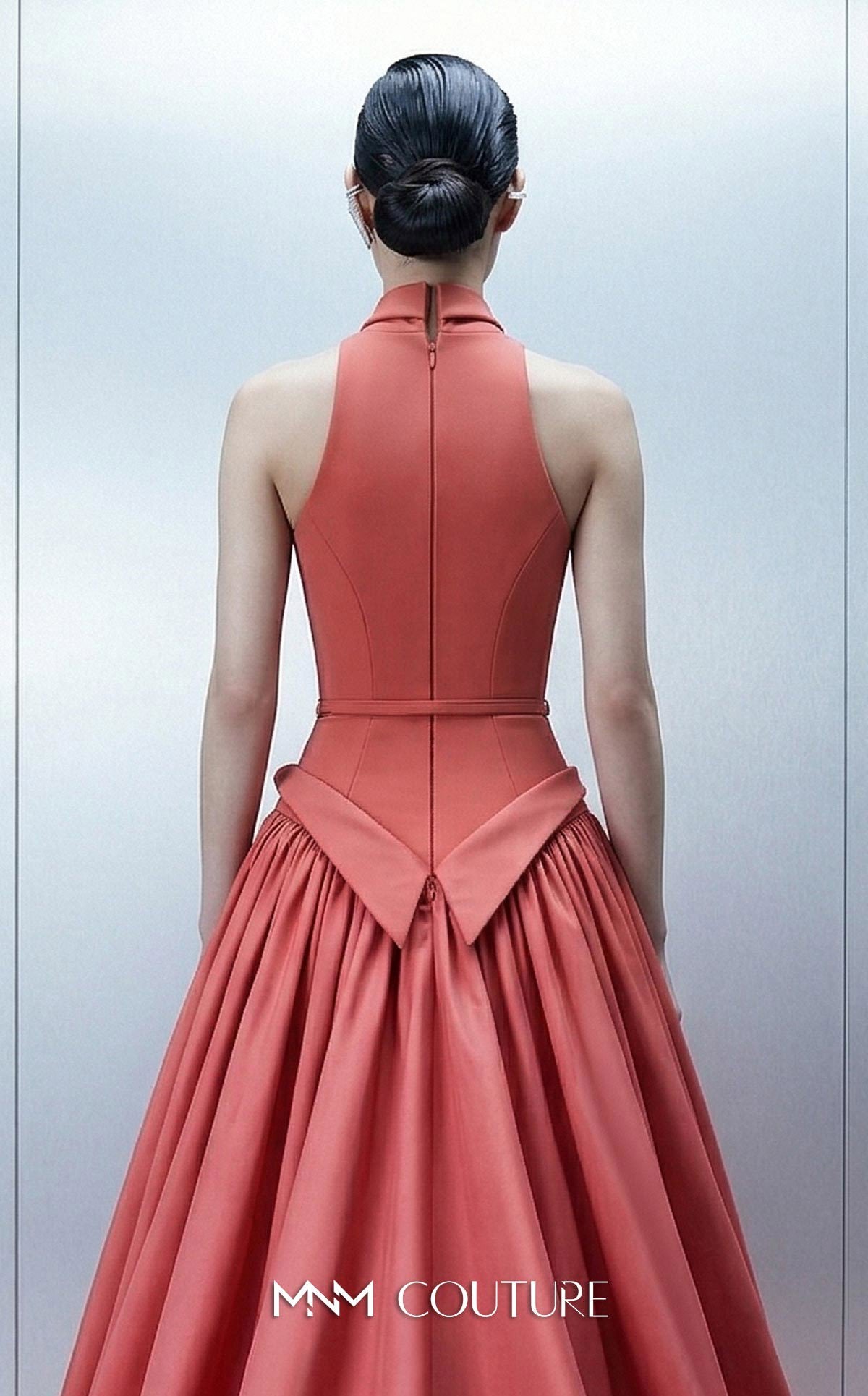 MNM Couture E0163 Pink Glamorous Crepe and Taffeta V-neck Halter Ball Gown