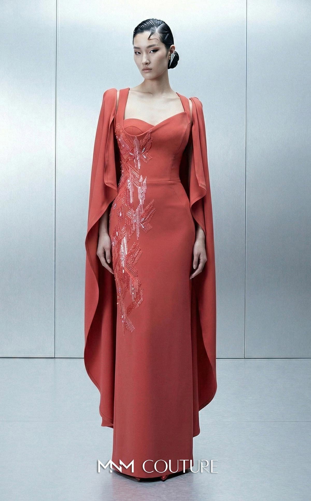 MNM Couture E0164 Orange Sleeveless Asymmetrical Crepe Removable Cape Gown