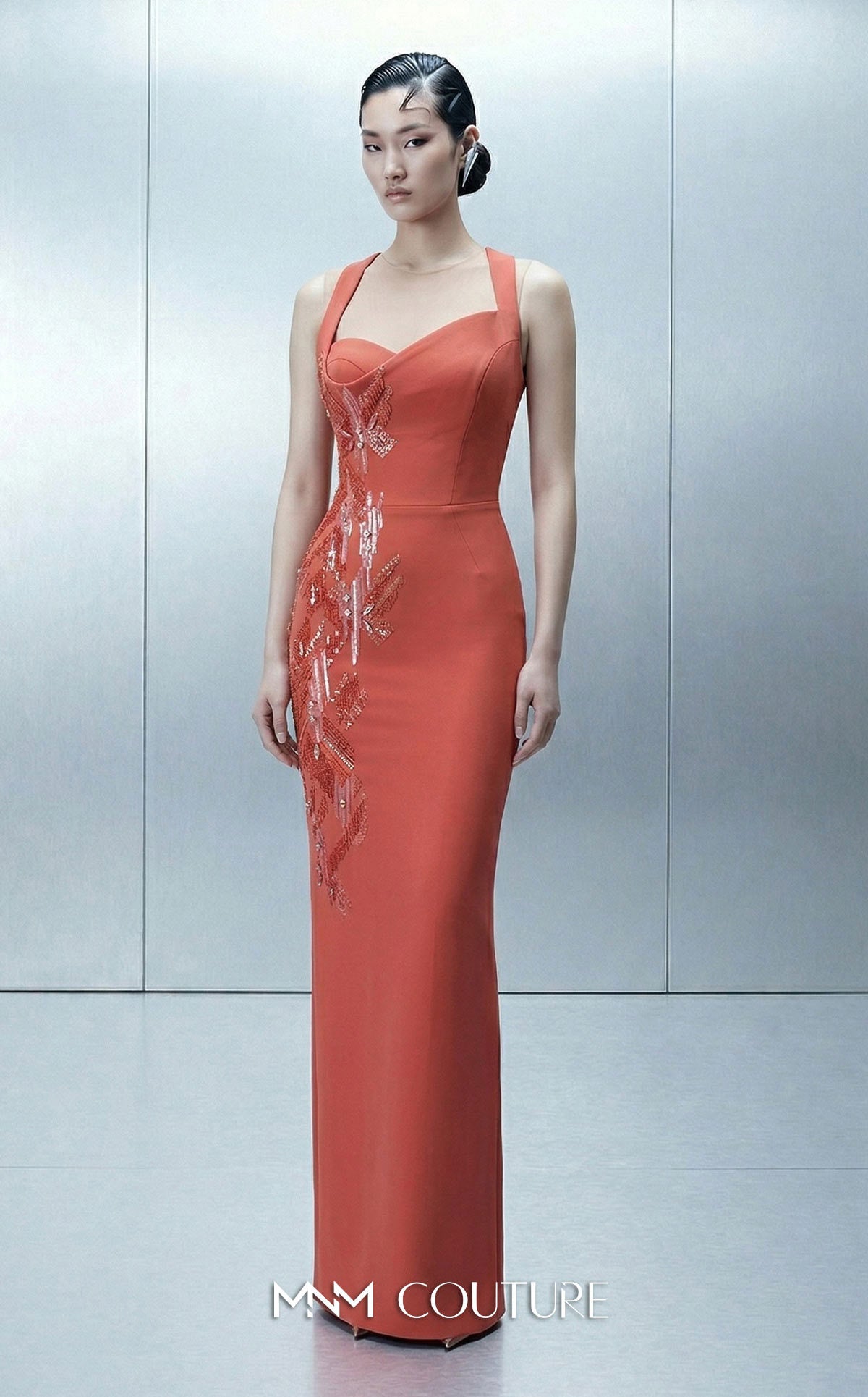 MNM Couture E0164 Orange Sleeveless Asymmetrical Crepe Removable Cape Gown