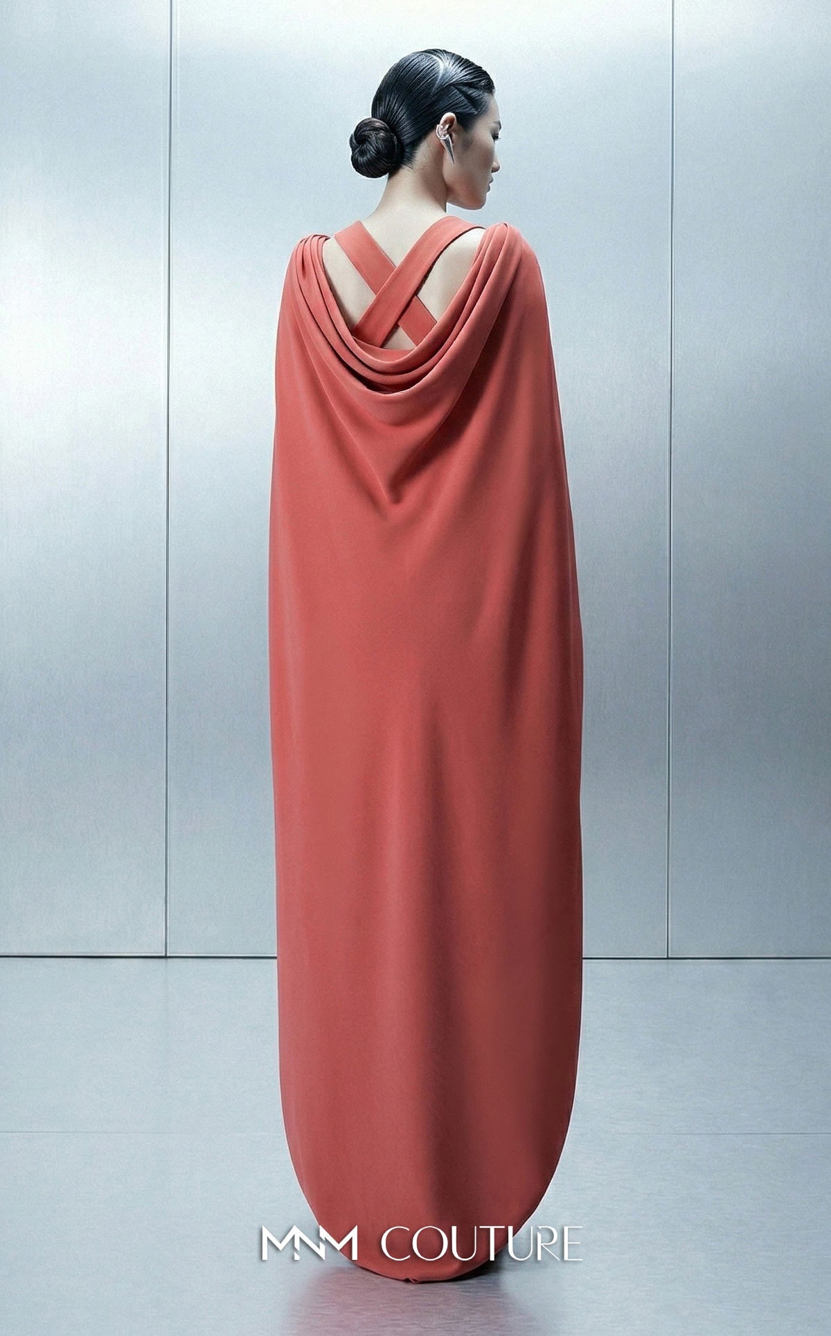MNM Couture E0164 Orange Sleeveless Asymmetrical Crepe Removable Cape Gown