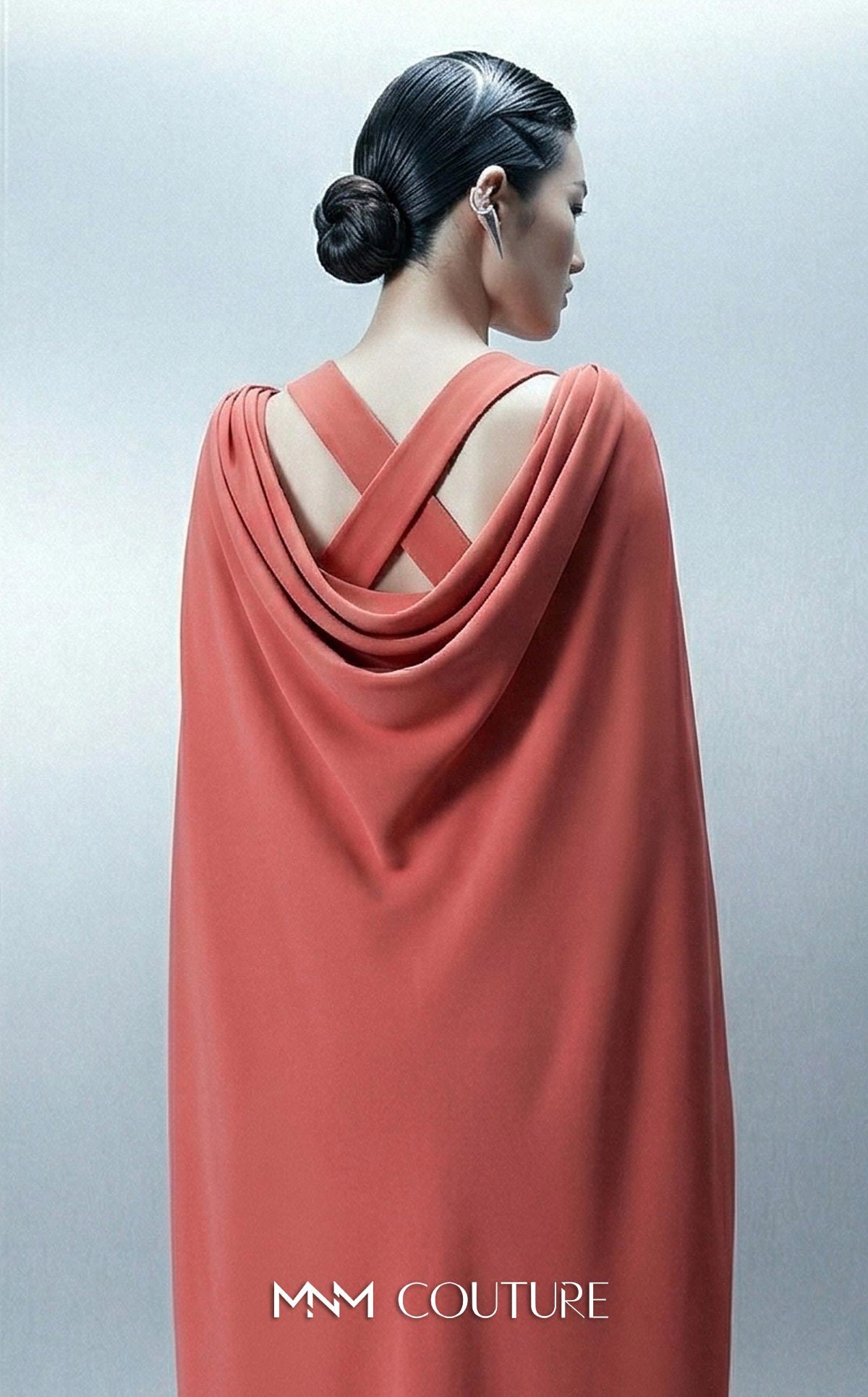 MNM Couture E0164 Orange Sleeveless Asymmetrical Crepe Removable Cape Gown