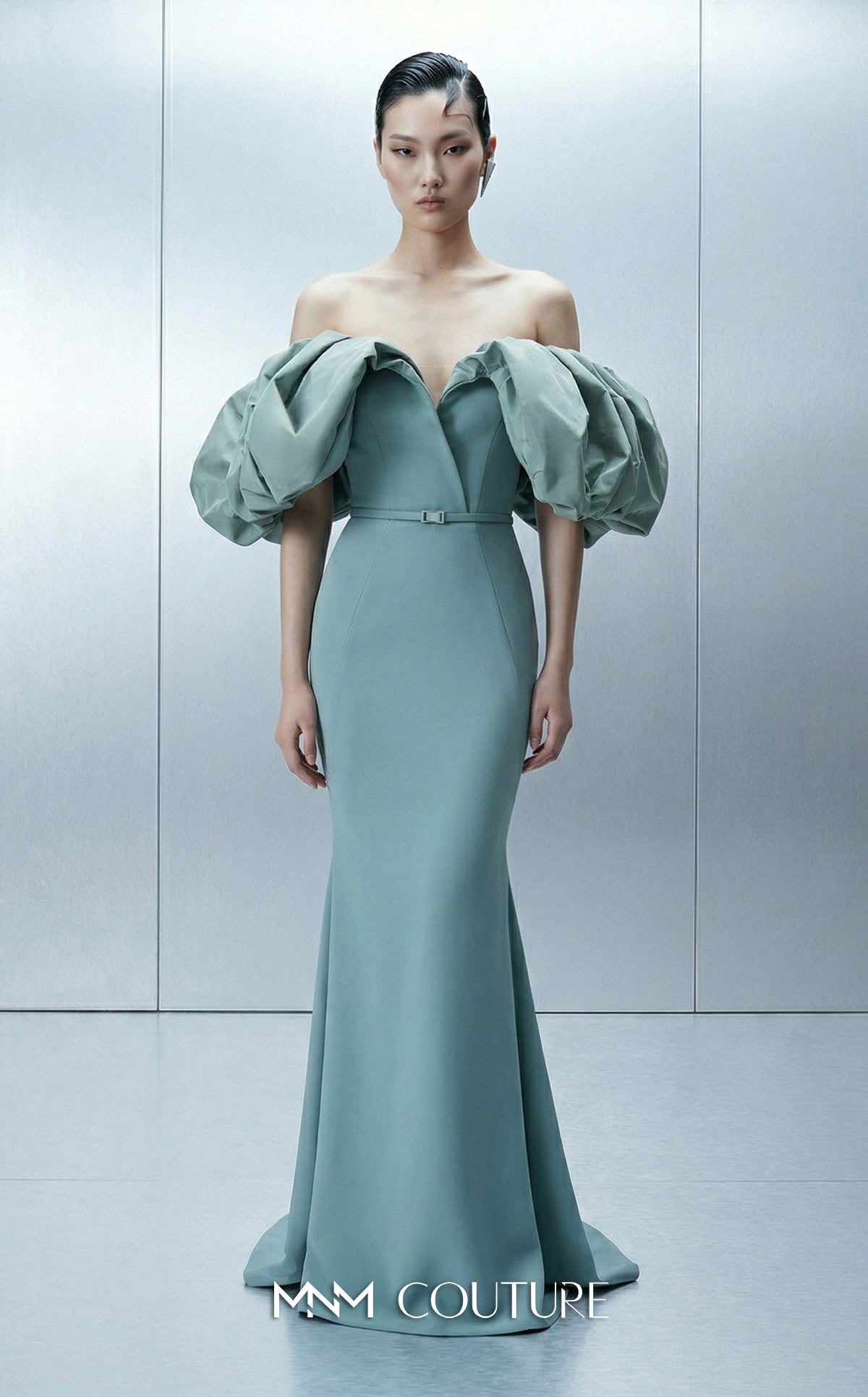 MNM Couture E0165 Green Off Shoulder Bold Crepe Gown with Puffy Taffeta Sleeves