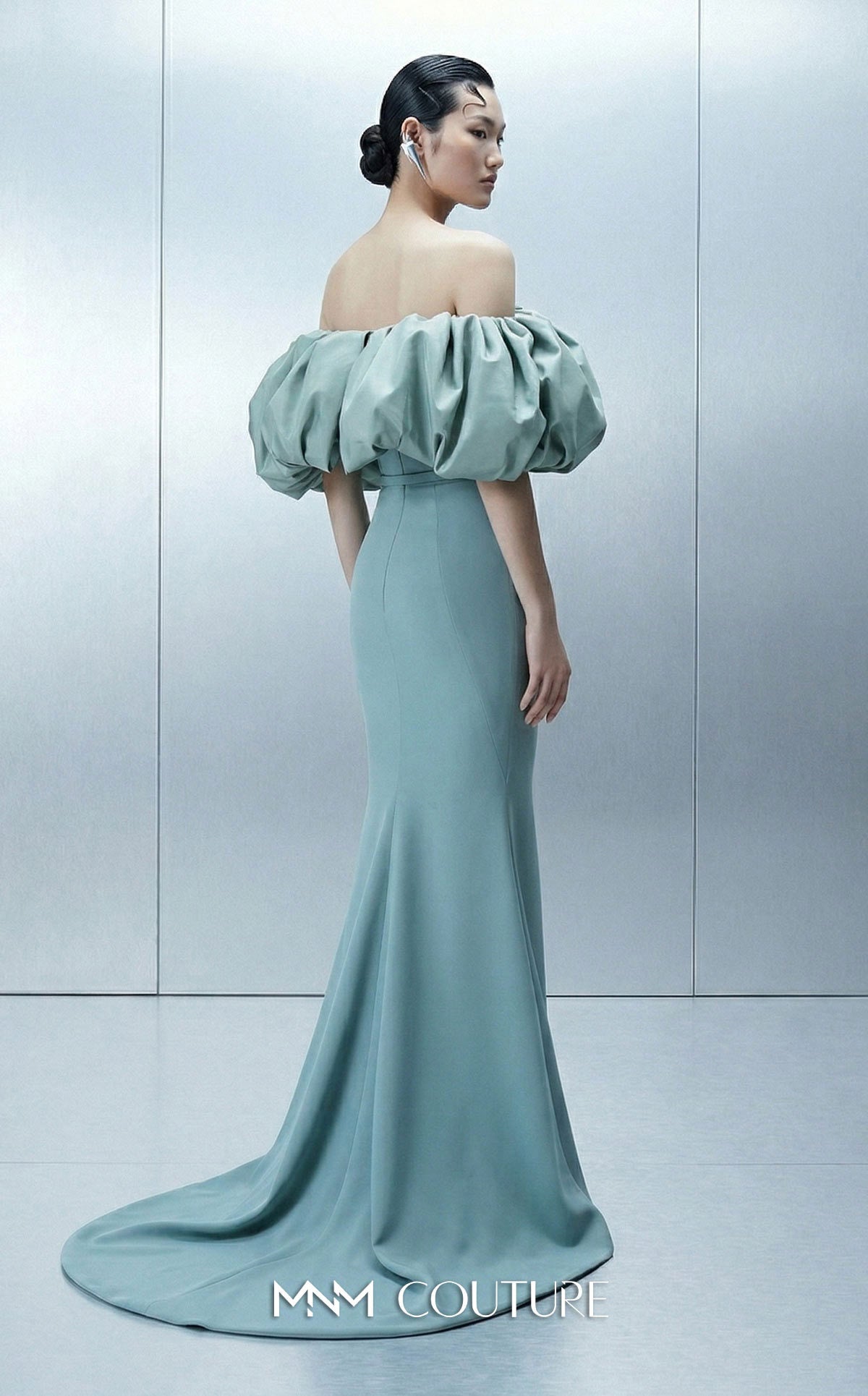 MNM Couture E0165 Green Off Shoulder Bold Crepe Gown with Puffy Taffeta Sleeves