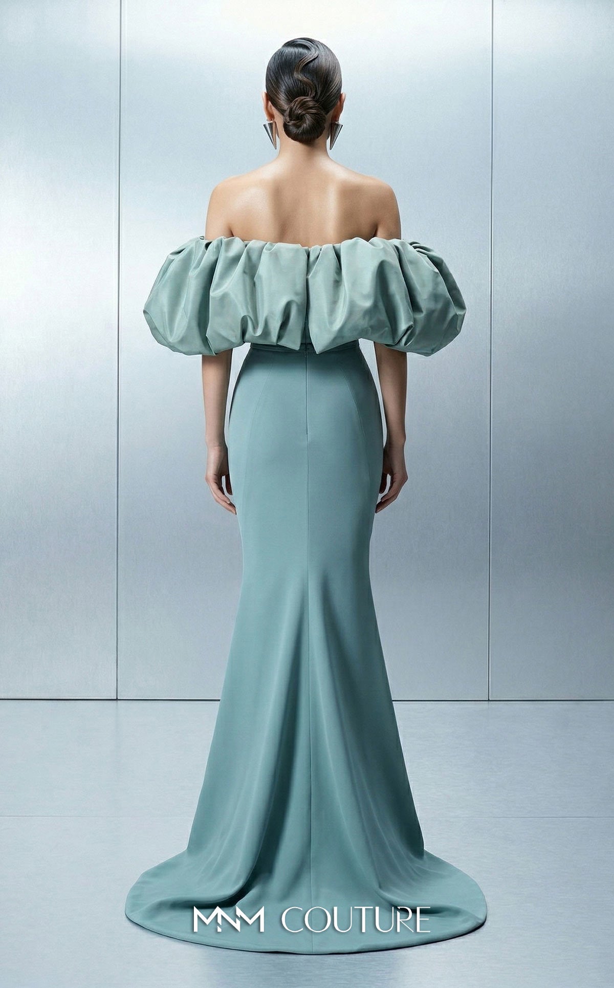 MNM Couture E0165 Green Off Shoulder Bold Crepe Gown with Puffy Taffeta Sleeves