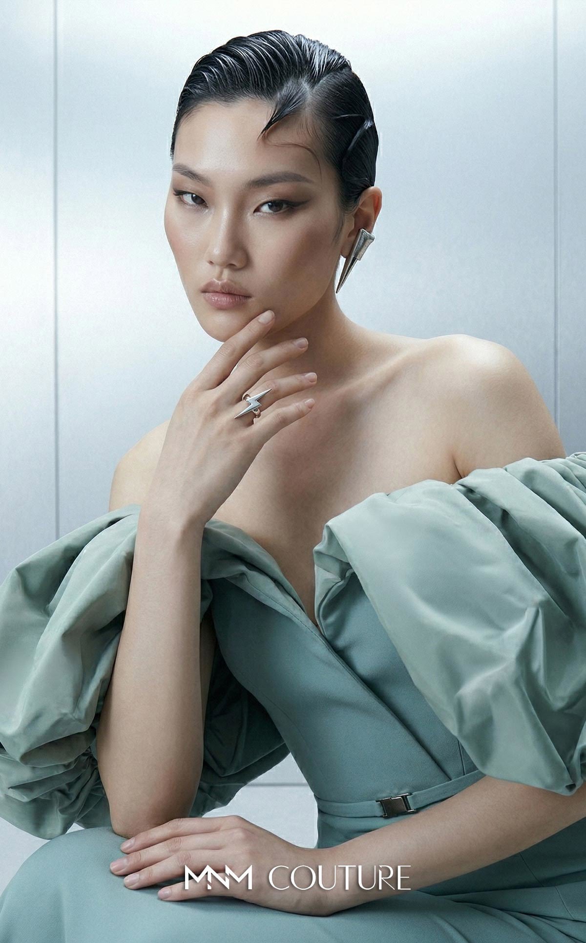 MNM Couture E0165 Green Off Shoulder Bold Crepe Gown with Puffy Taffeta Sleeves