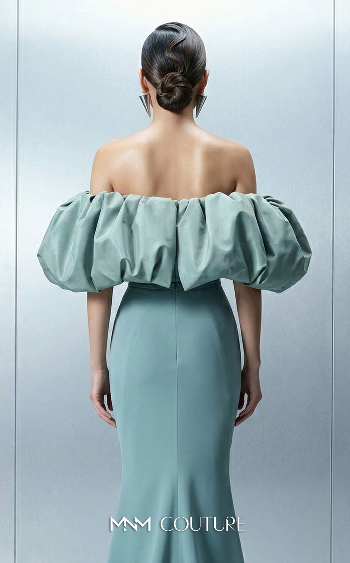 MNM Couture E0165 Green Off Shoulder Bold Crepe Gown with Puffy Taffeta Sleeves