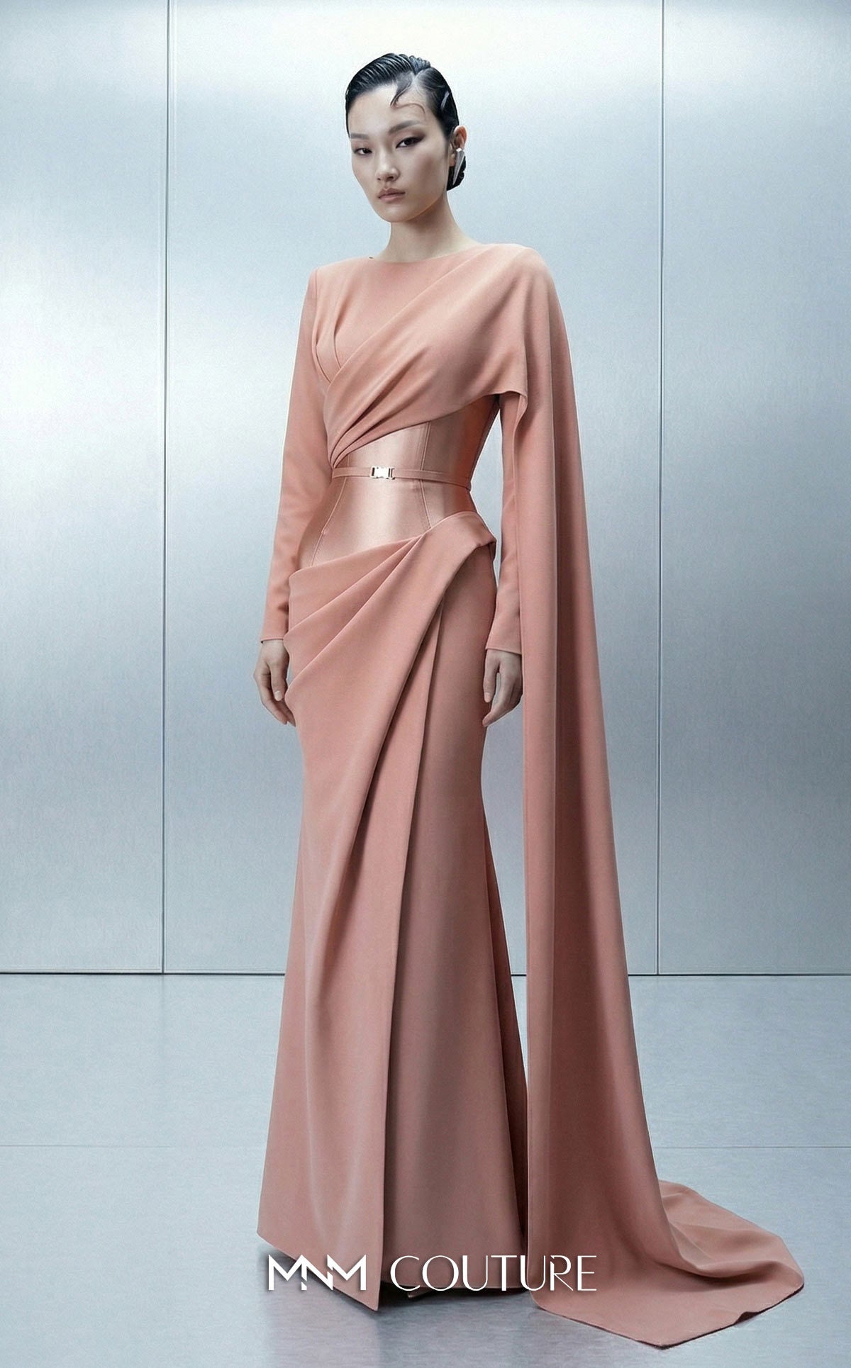MNM Couture E0166 Pink Long Sleeve Asymmetrical Close-Neck Crepe Gown