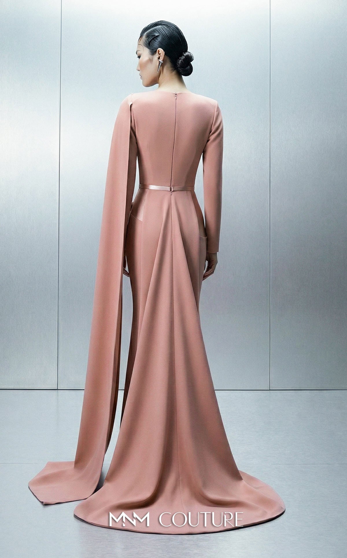 MNM Couture E0166 Pink Long Sleeve Asymmetrical Close-Neck Crepe Gown