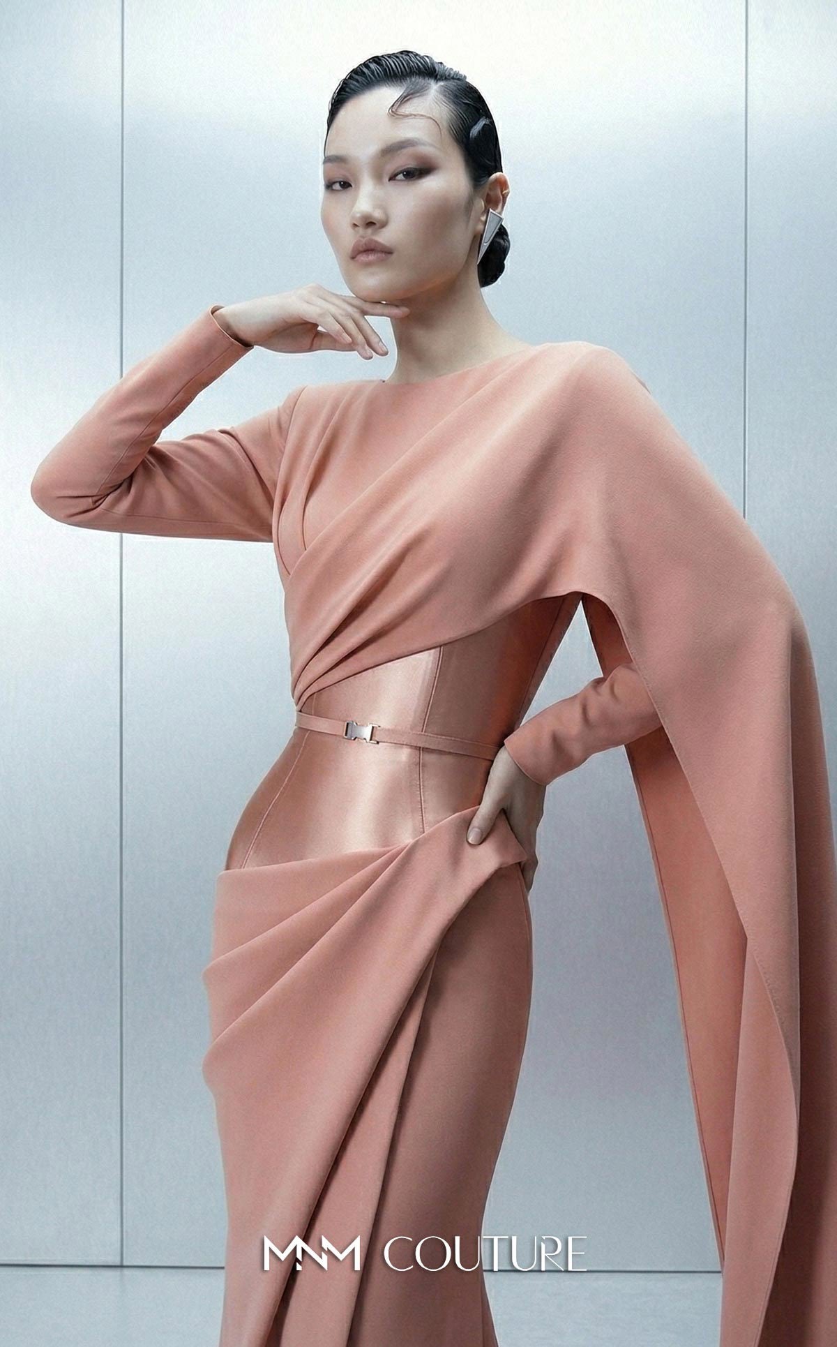 MNM Couture E0166 Pink Long Sleeve Asymmetrical Close-Neck Crepe Gown