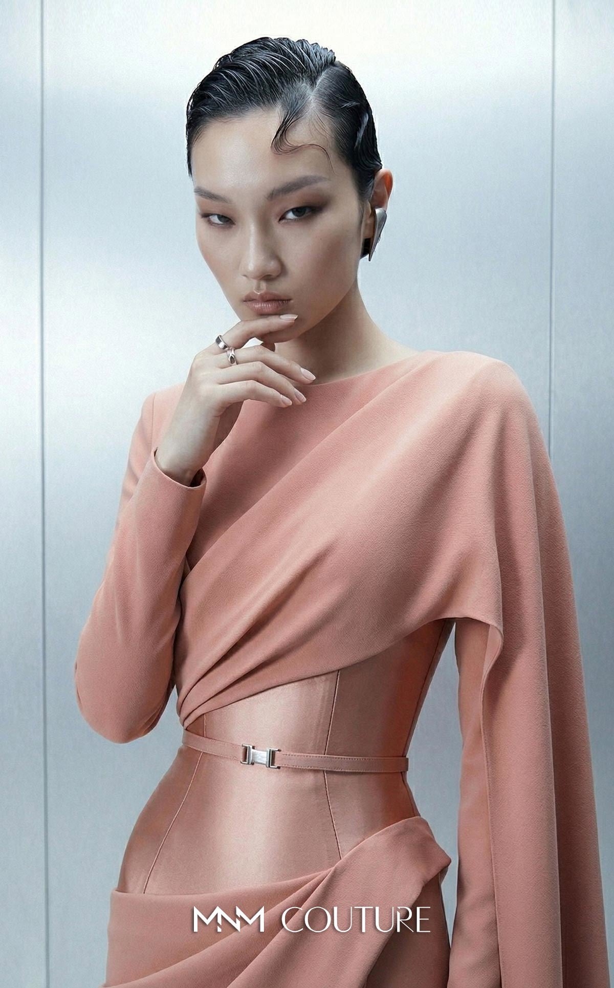 MNM Couture E0166 Pink Long Sleeve Asymmetrical Close-Neck Crepe Gown