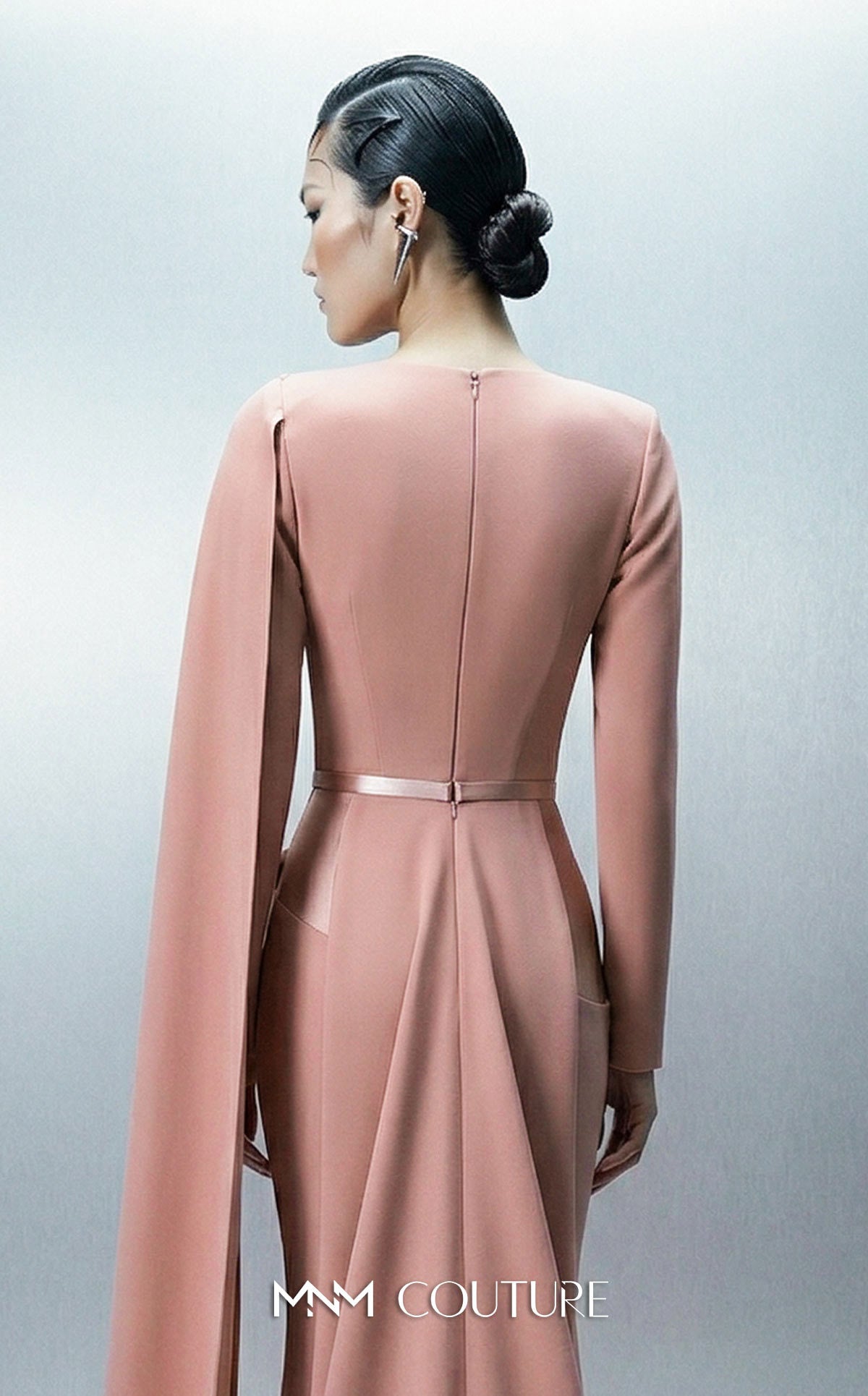 MNM Couture E0166 Pink Long Sleeve Asymmetrical Close-Neck Crepe Gown