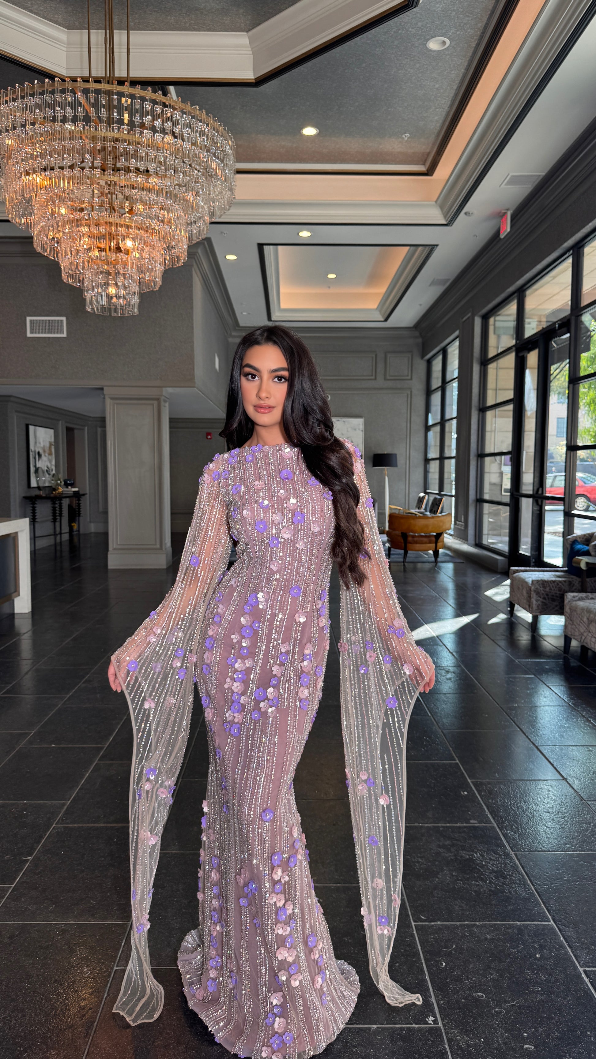 Basima Long Sleeve Floral Sequin Embellished Modest Evening Dress Mauve/Lavender/Pink / 24