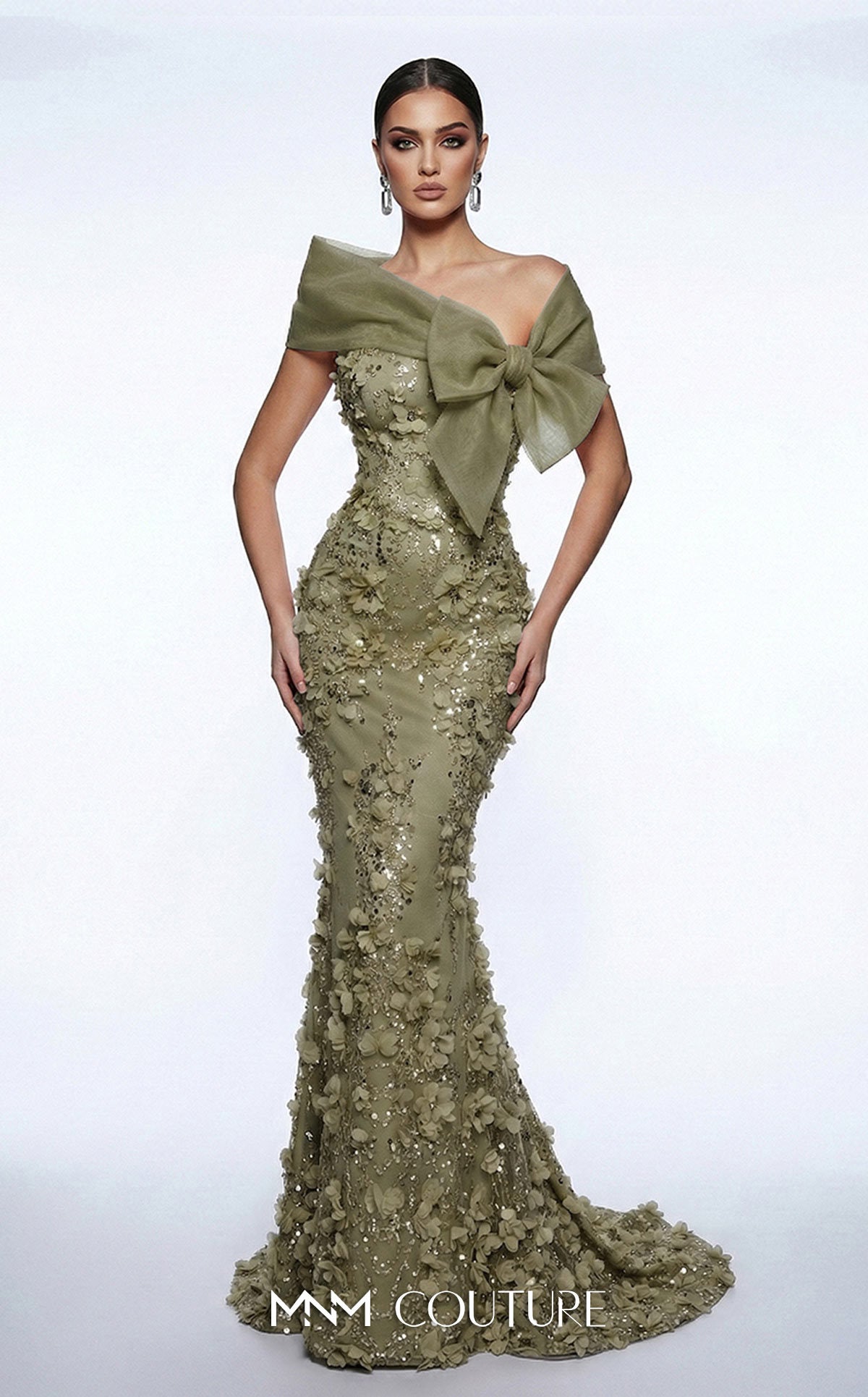 MNM Couture F02950A Pink Off-The-Shoulder Floral Applique Mermaid Gown