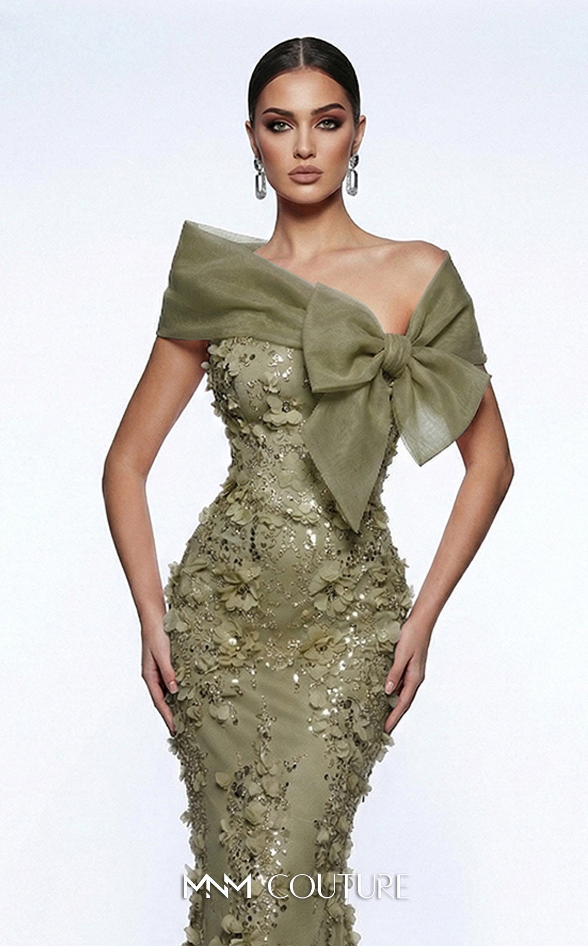 MNM Couture F02950A Pink Off-The-Shoulder Floral Applique Mermaid Gown