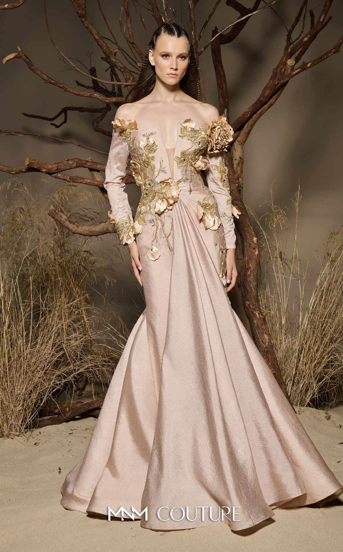 MNM Couture F02986 Beige Long-Sleeve 3D Floral Mermaid Gown