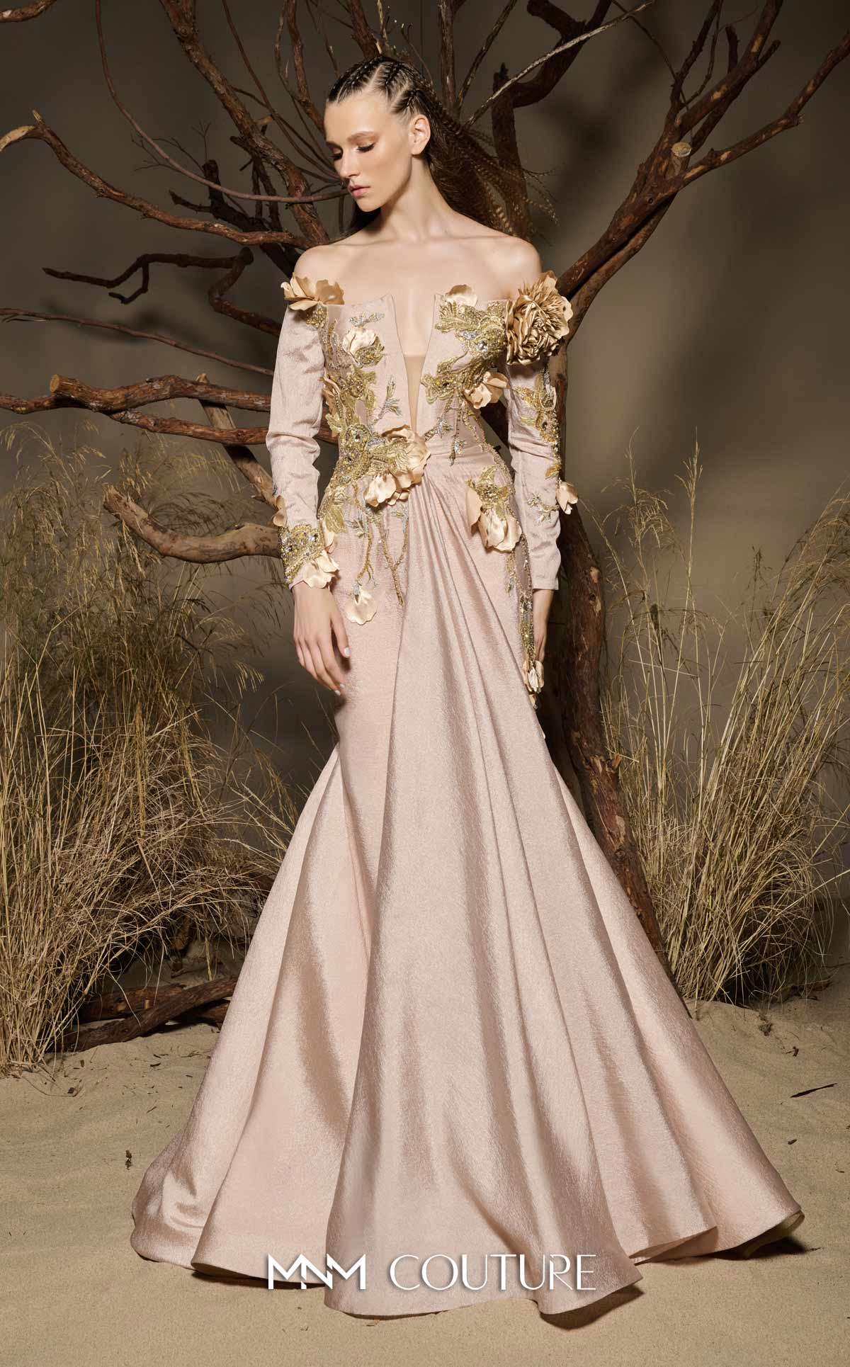 MNM Couture F02986 Beige Long-Sleeve 3D Floral Mermaid Gown