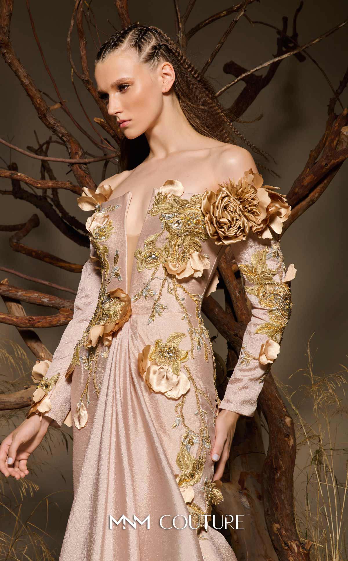 MNM Couture F02986 Beige Long-Sleeve 3D Floral Mermaid Gown