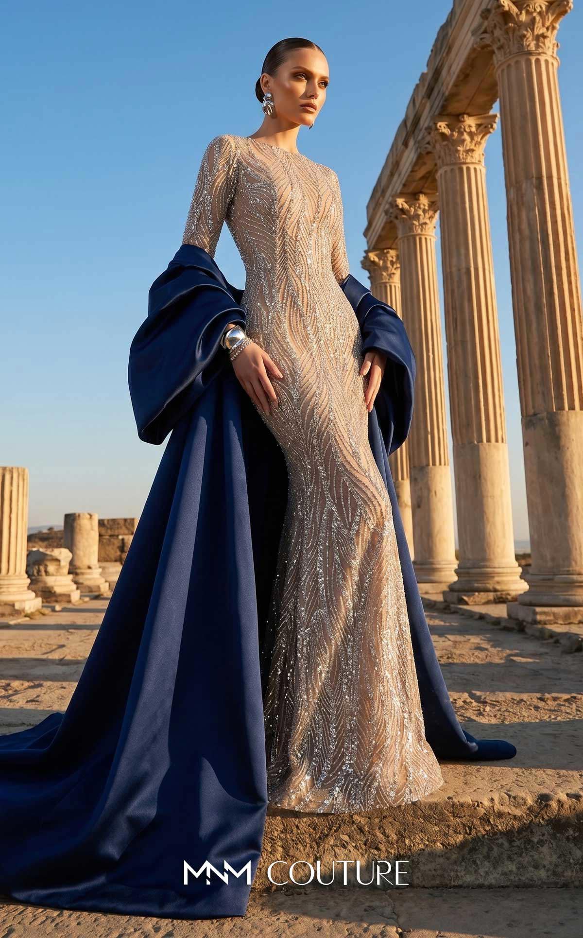MNM Couture F03004 Navy Long Sleeve Sequined Gown with Dramatic Satin Over-Skirt