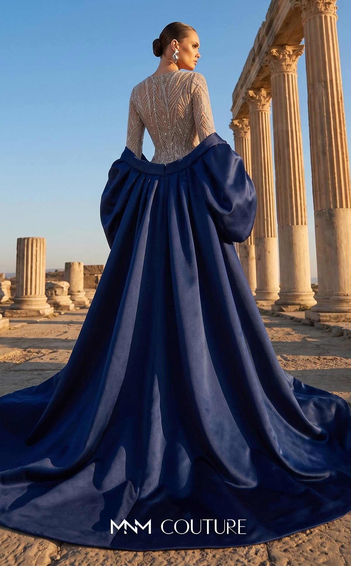 MNM Couture F03004 Navy Long Sleeve Sequined Gown with Dramatic Satin Over-Skirt