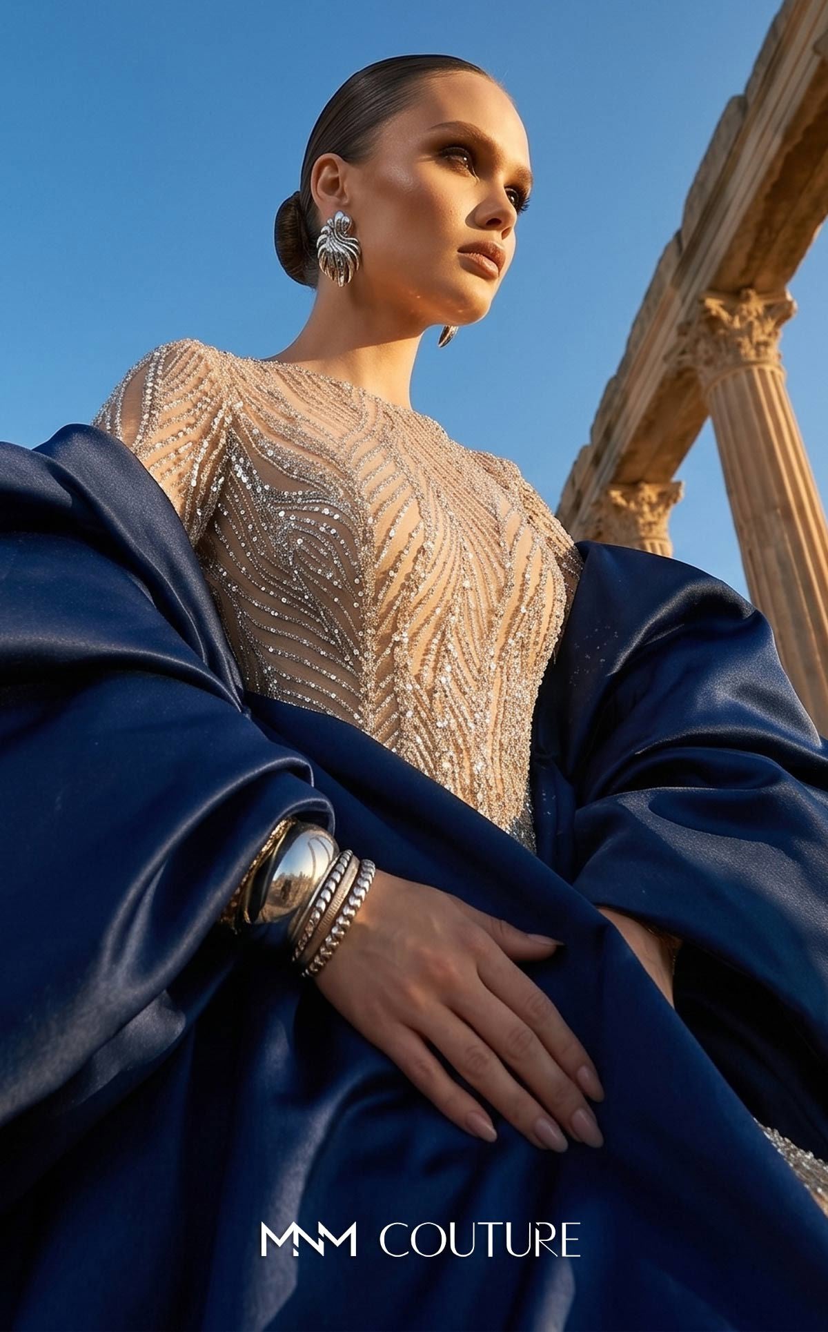 MNM Couture F03004 Navy Long Sleeve Sequined Gown with Dramatic Satin Over-Skirt