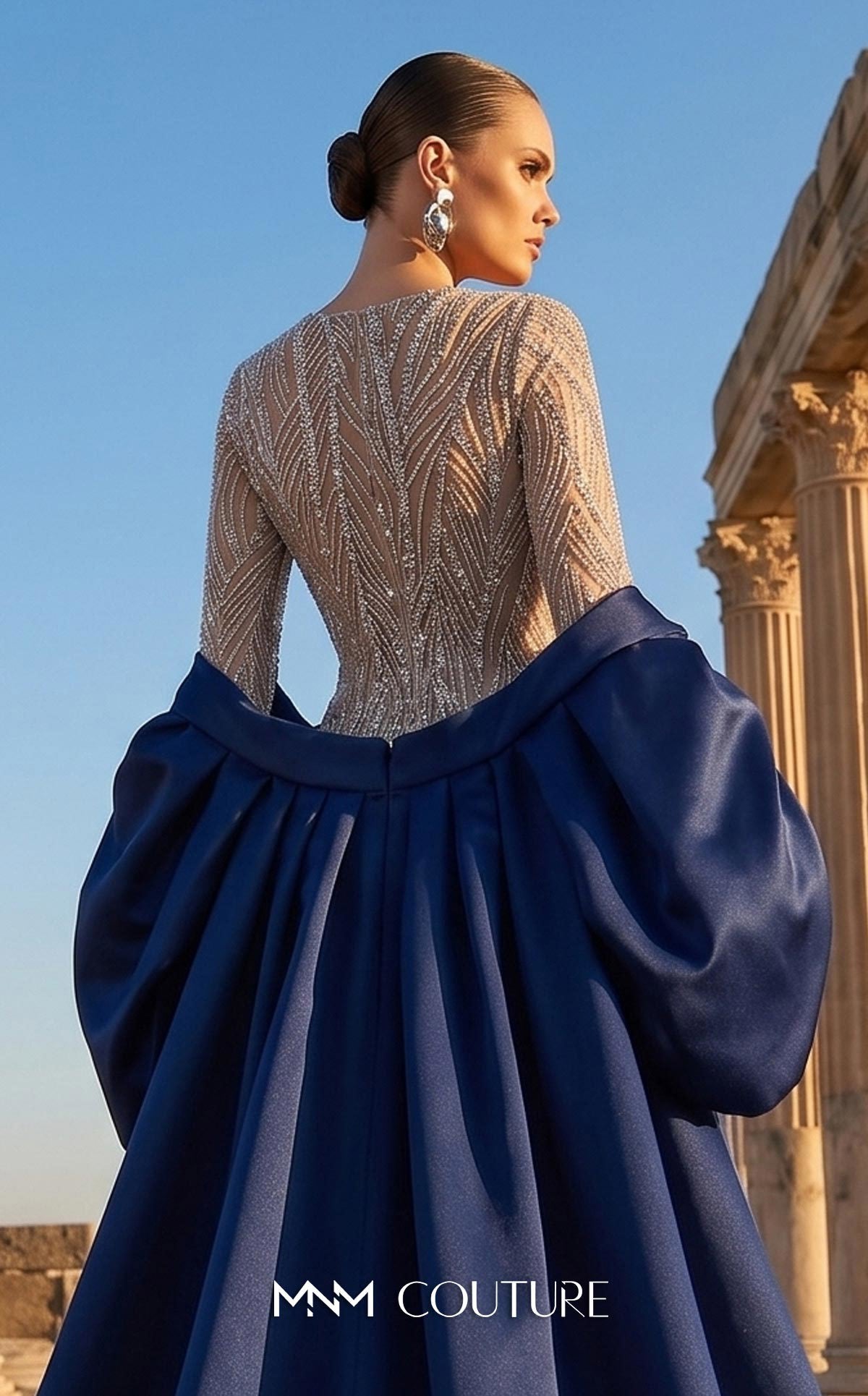 MNM Couture F03004 Navy Long Sleeve Sequined Gown with Dramatic Satin Over-Skirt