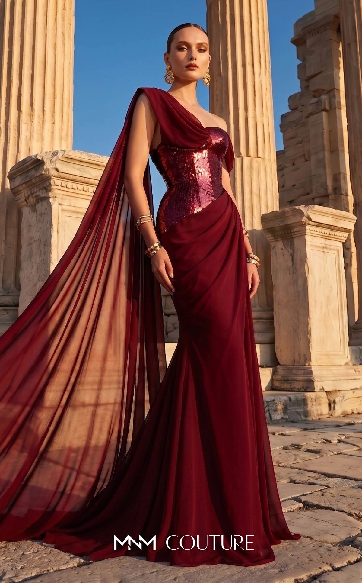 MNM Couture F03017 Red Metallic Corset One Shoulder Neckline Chiffon Cape Evening Gown