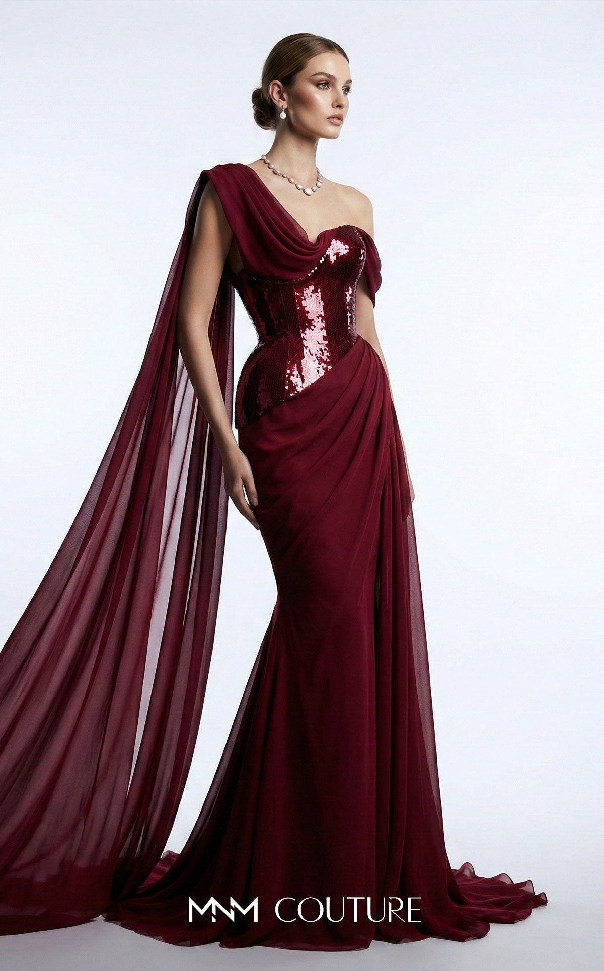 MNM Couture F03017 Red Metallic Corset One Shoulder Neckline Chiffon Cape Evening Gown