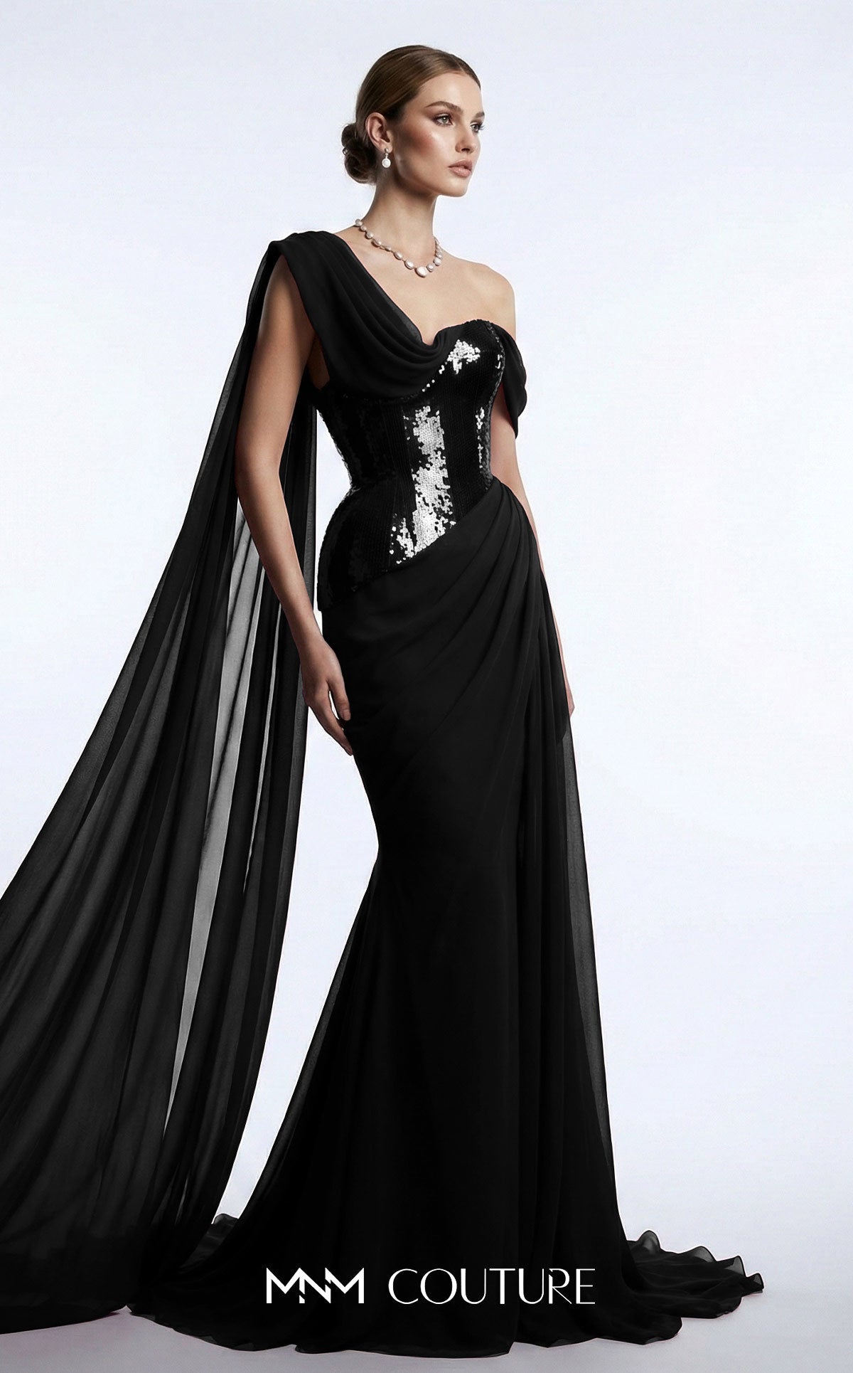 MNM Couture F03017 Red Metallic Corset One Shoulder Neckline Chiffon Cape Evening Gown