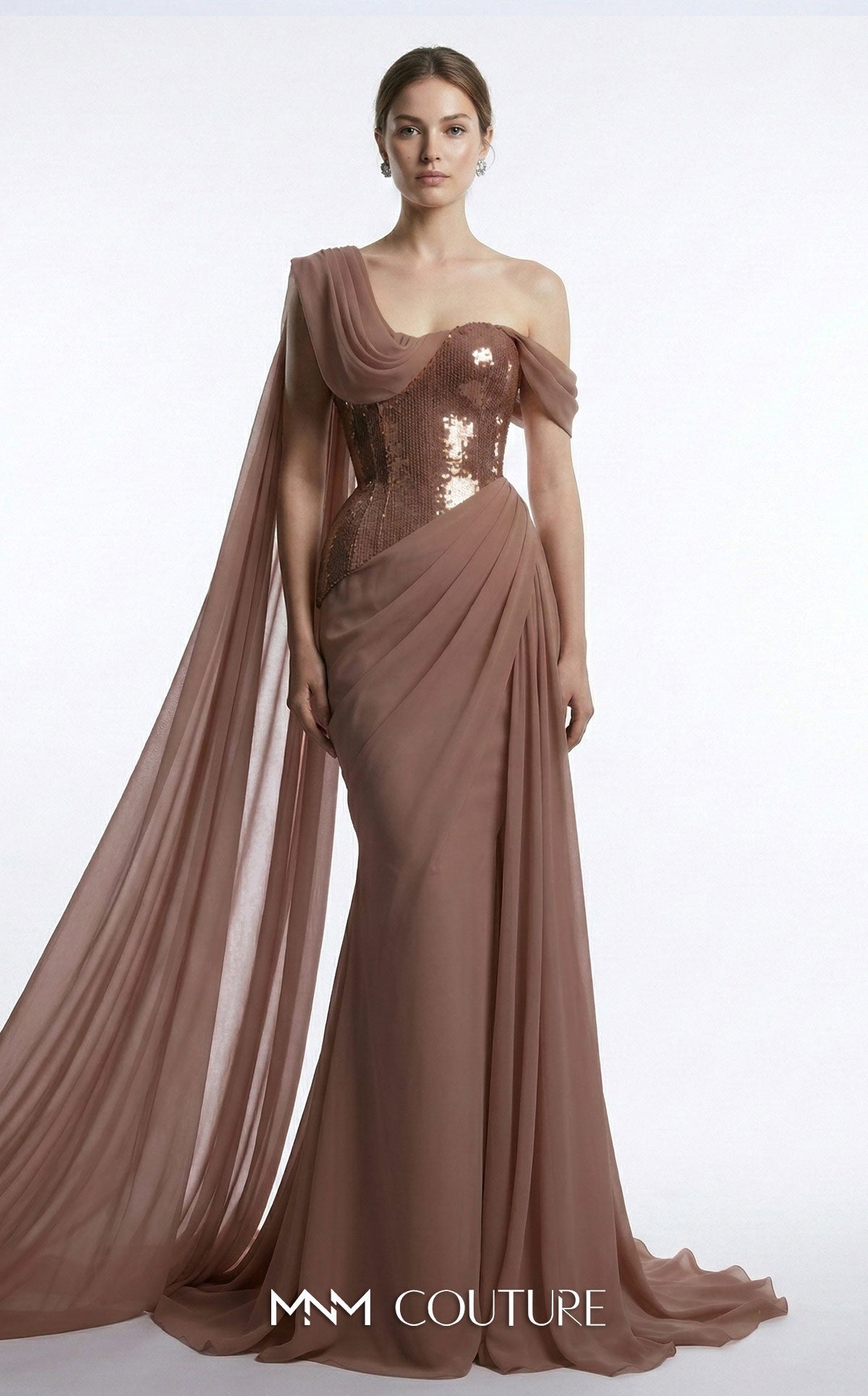 MNM Couture F03017 Red Metallic Corset One Shoulder Neckline Chiffon Cape Evening Gown